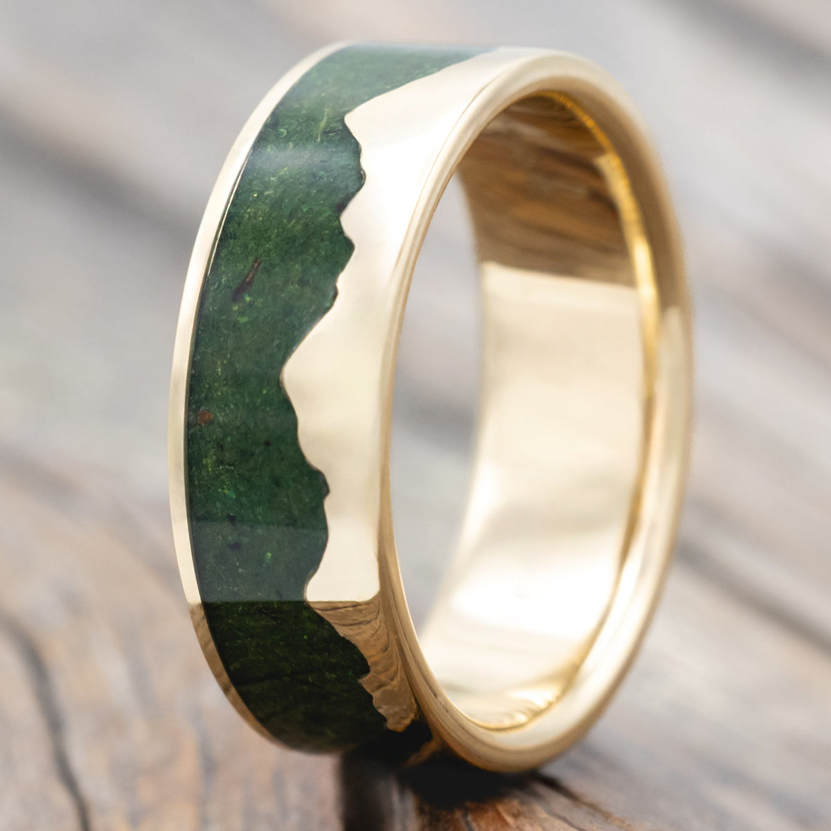 "Helios" - Moss & 14K Gold Mountain Range Men's Wedding Band-Staghead Designs