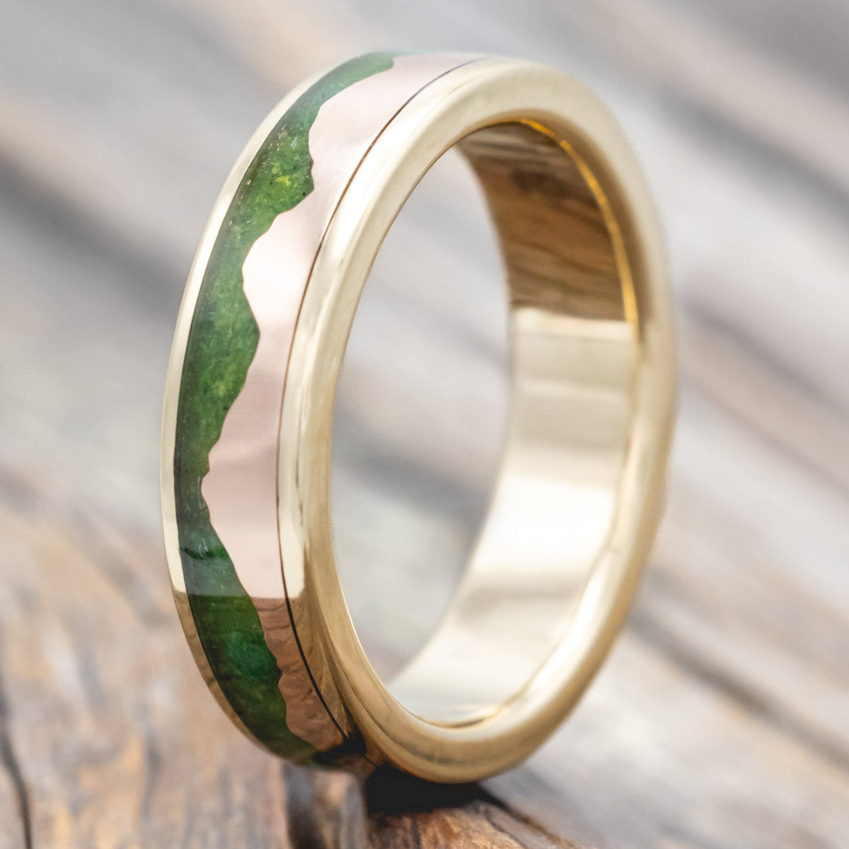 "HELIOS" - MOSS & 14K GOLD MOUNTAIN RANGE WEDDING BAND-Staghead Designs