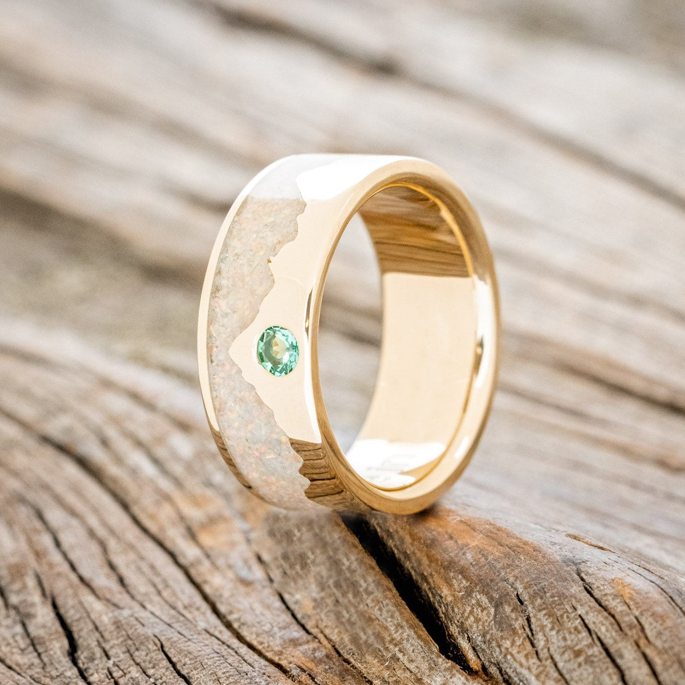 "HELIOS" - FIRE AND ICE OPAL & GOLD MOUNTAIN RANGE WEDDING RING FEATURING A LAB GROWN EMERALD ACCENT-2