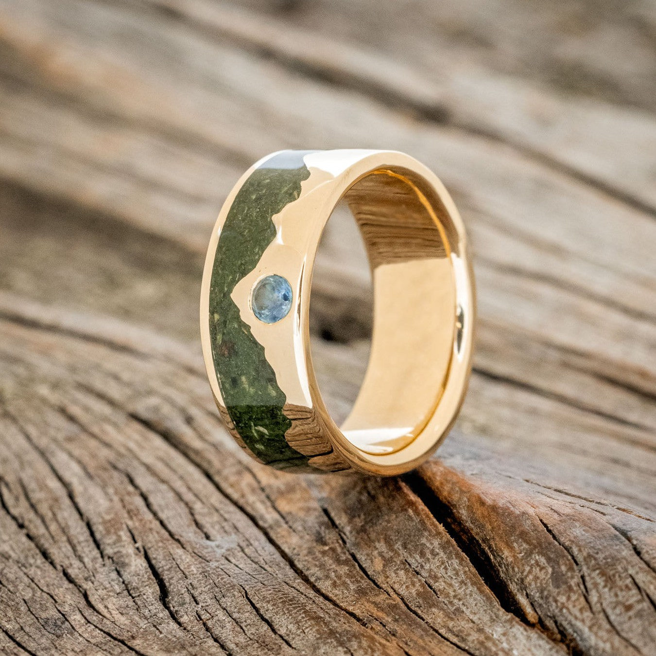 "HELIOS" - MOSS & GOLD MOUNTAIN RANGE WEDDING RING FEATURING A MONTANA SAPPHIRE ACCENT-2