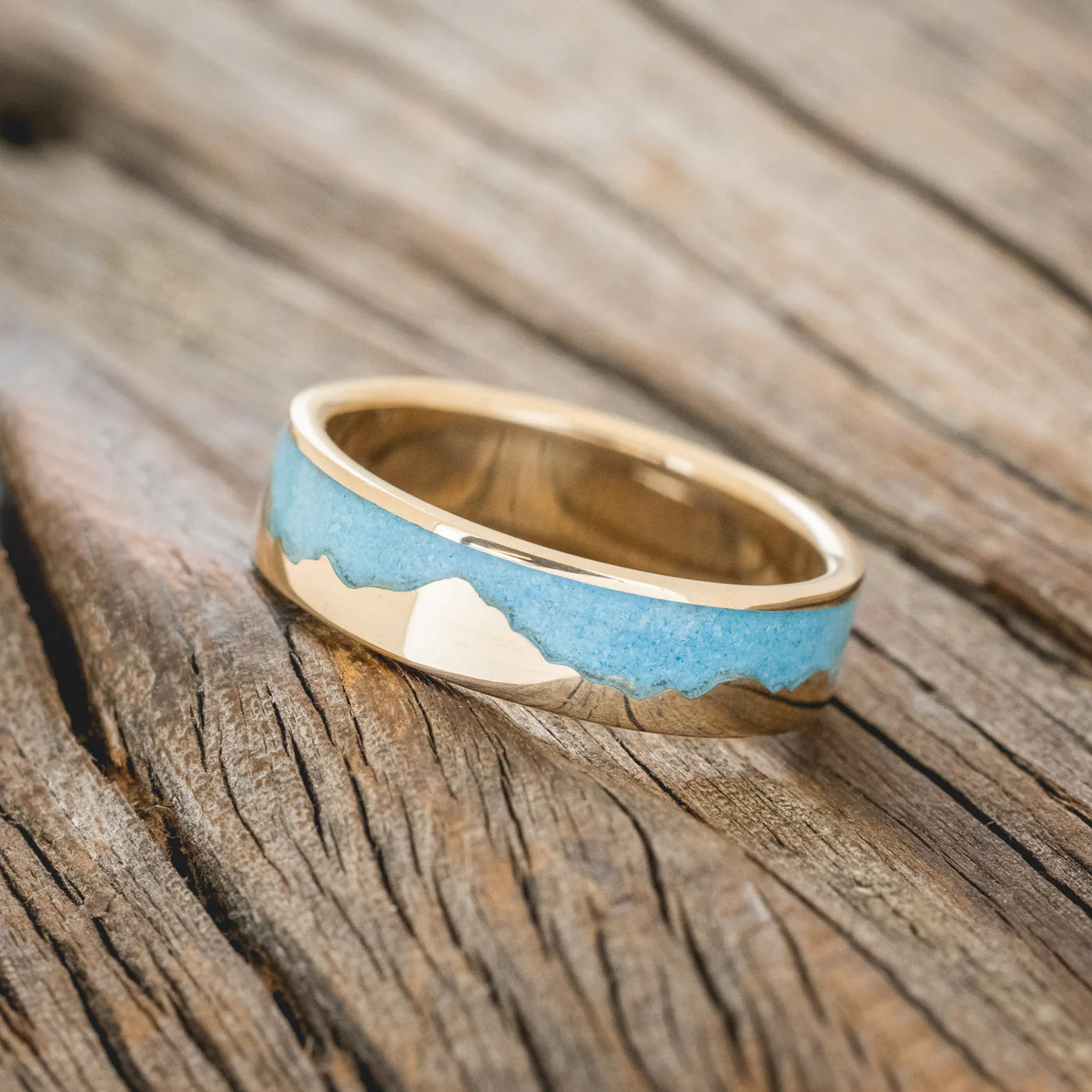 "Helios" - Turquoise & 14K Gold Mountain Range Wedding Ring - 14K Yellow Gold (6mm) - Size 12