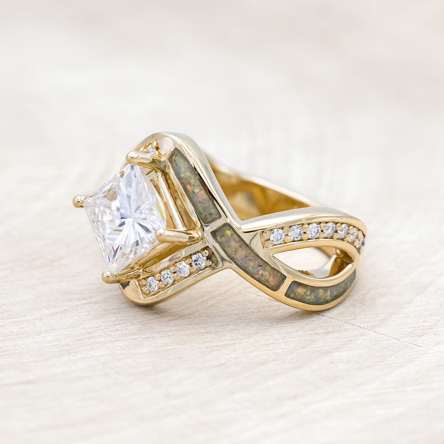 "HELIX" - PRINCESS CUT MOISSANITE ENGAGEMENT RING WITH DIAMOND ACCENTS, CUSTOM INLAYS & A DIAMOND TRACER-Staghead Designs