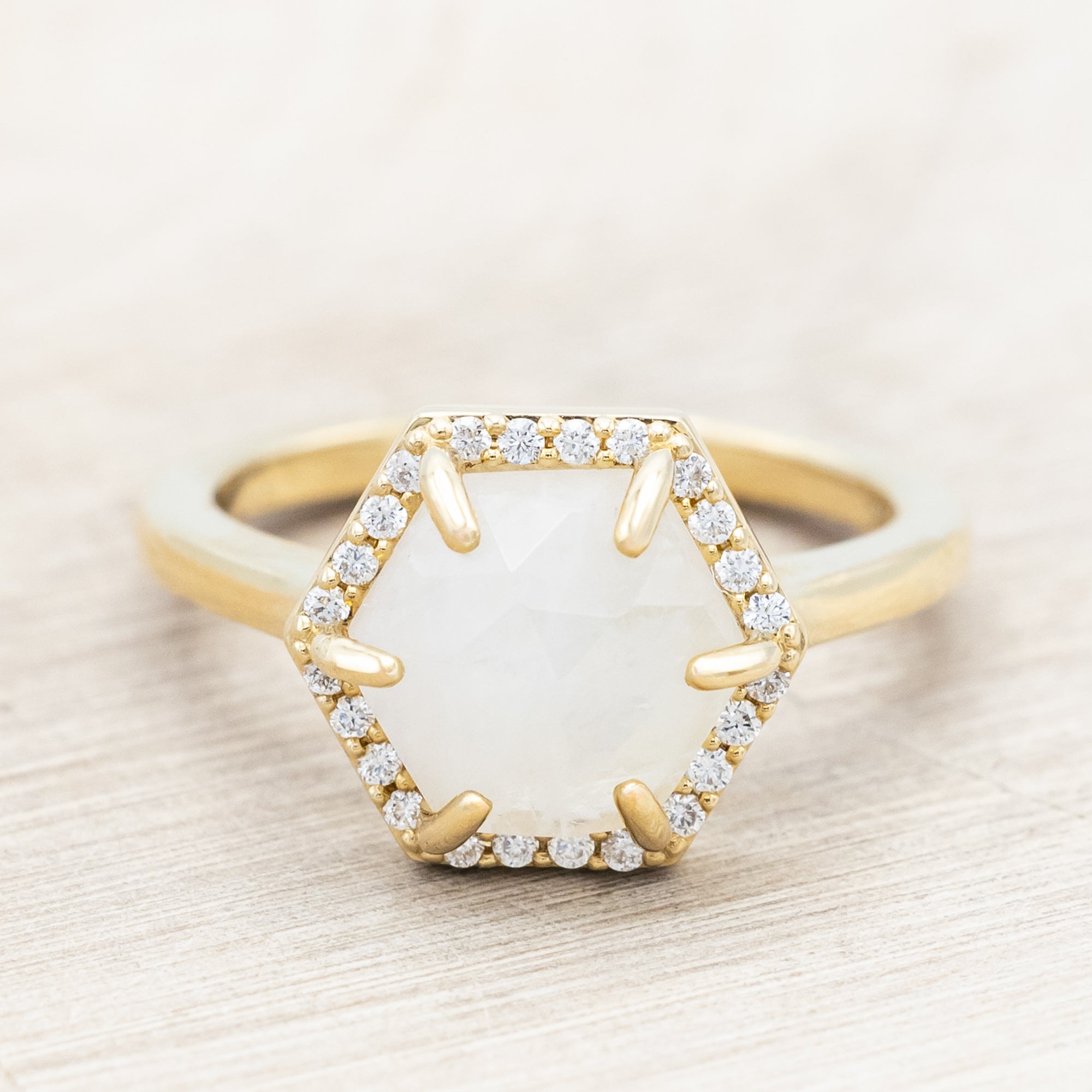 "VIVENNE" - HEXAGON CUT MOONSTONE ENGAGEMENT RING WITH DIAMOND HALO-Staghead Designs
