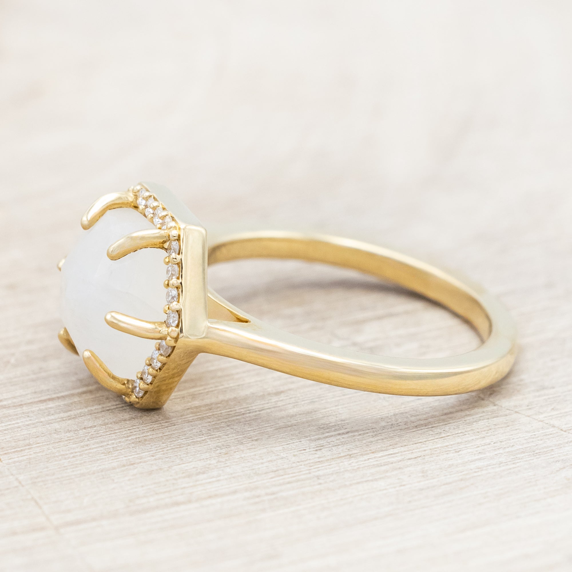 "VIVENNE" - HEXAGON CUT MOONSTONE ENGAGEMENT RING WITH DIAMOND HALO-Staghead Designs