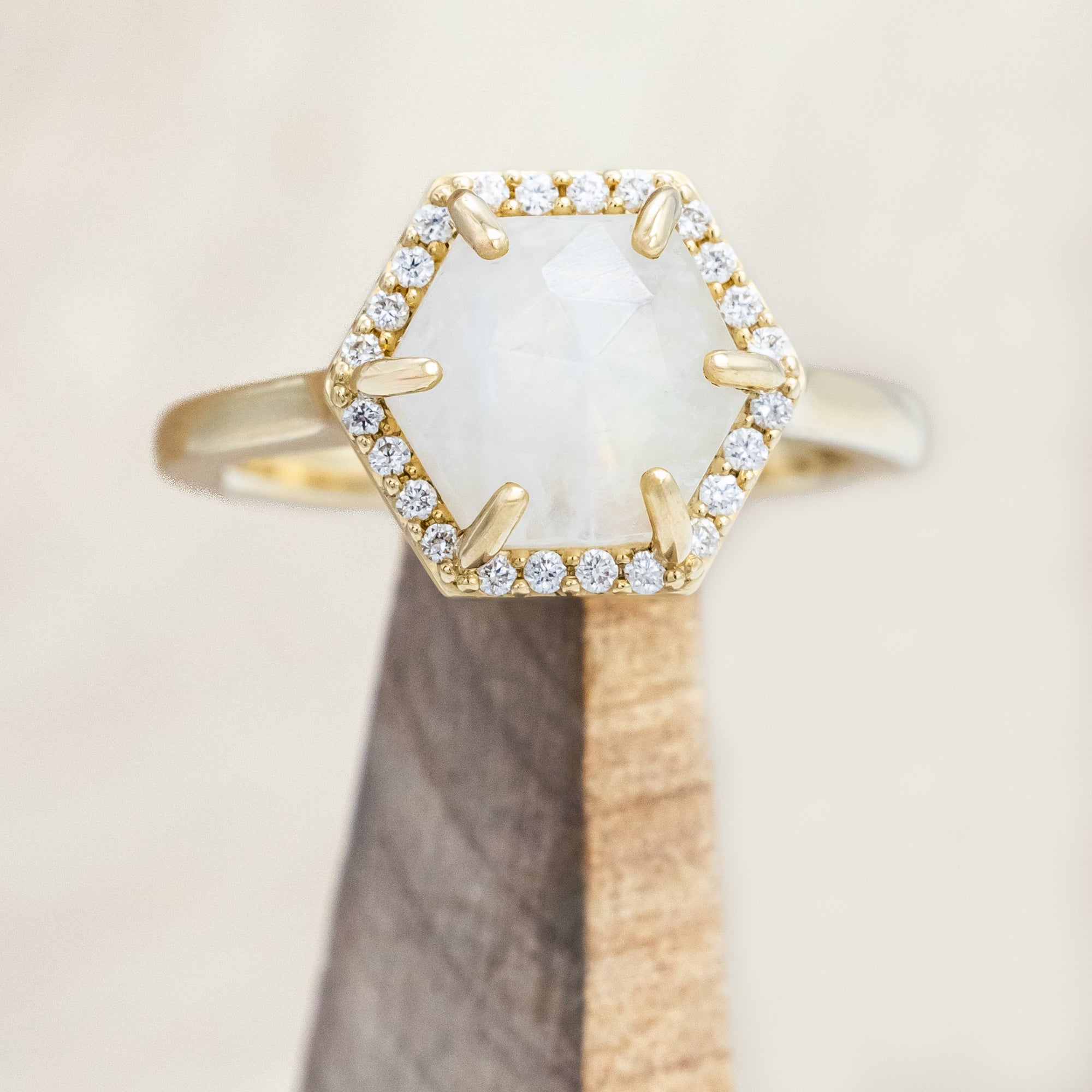 "VIVENNE" - HEXAGON CUT MOONSTONE ENGAGEMENT RING WITH DIAMOND HALO-Staghead Designs