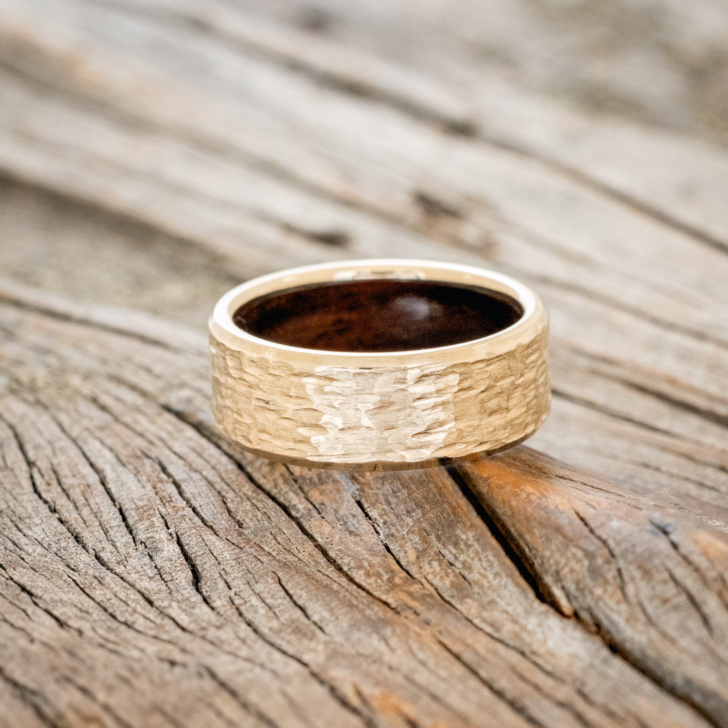 HAMMERED WEDDING BAND WITH IRONWOOD LINING-11