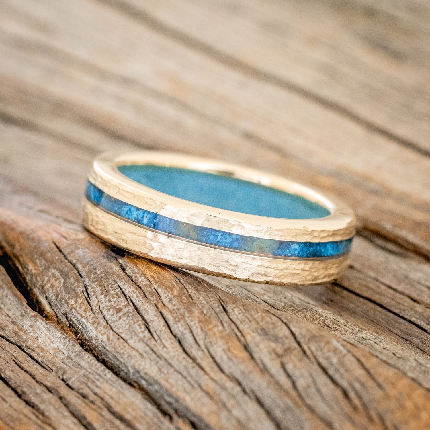 "VERTIGO" - PATINA COPPER WEDDING RING FEATURING A TURQUOISE LINING & HAMMERED 14K GOLD BAND-2