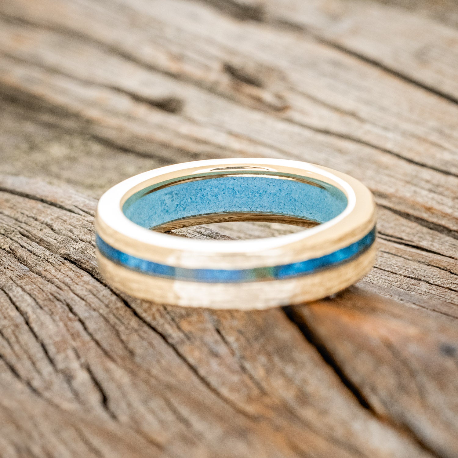 "VERTIGO" - PATINA COPPER WEDDING RING FEATURING A TURQUOISE LINING & HAMMERED 14K GOLD BAND-6