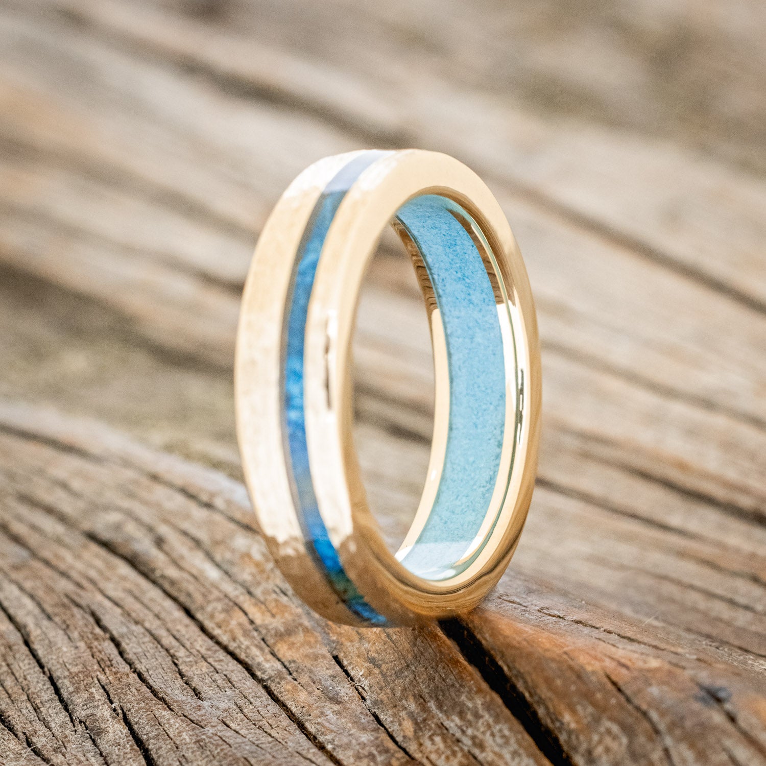 "VERTIGO" - PATINA COPPER WEDDING RING FEATURING A TURQUOISE LINING & HAMMERED 14K GOLD BAND-4