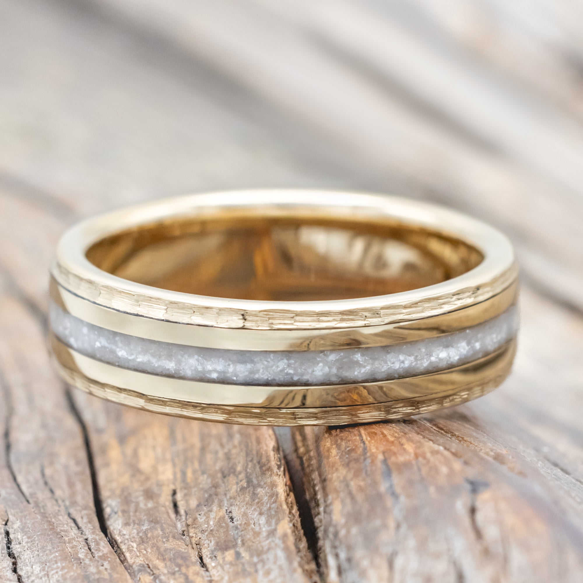 "HOLLIS" - DIAMOND DUST & 14K YELLOW GOLD INLAYS WEDDING RING WITH A HAMMERED FINISH-Staghead Designs