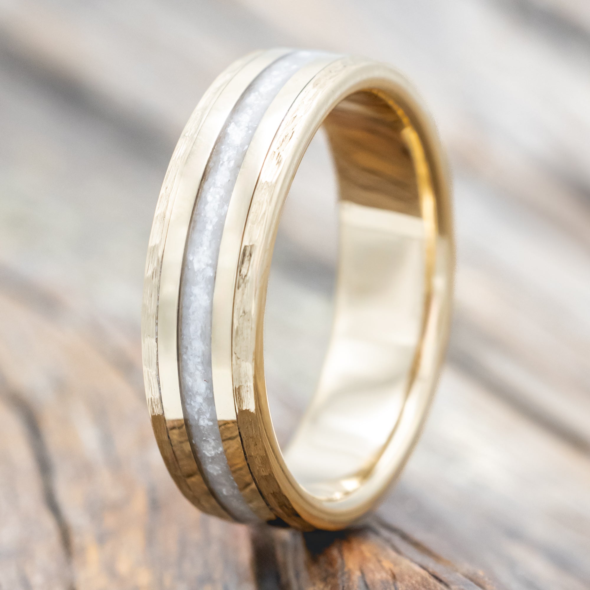 "HOLLIS" - DIAMOND DUST & 14K YELLOW GOLD INLAYS WEDDING RING WITH A HAMMERED FINISH-Staghead Designs
