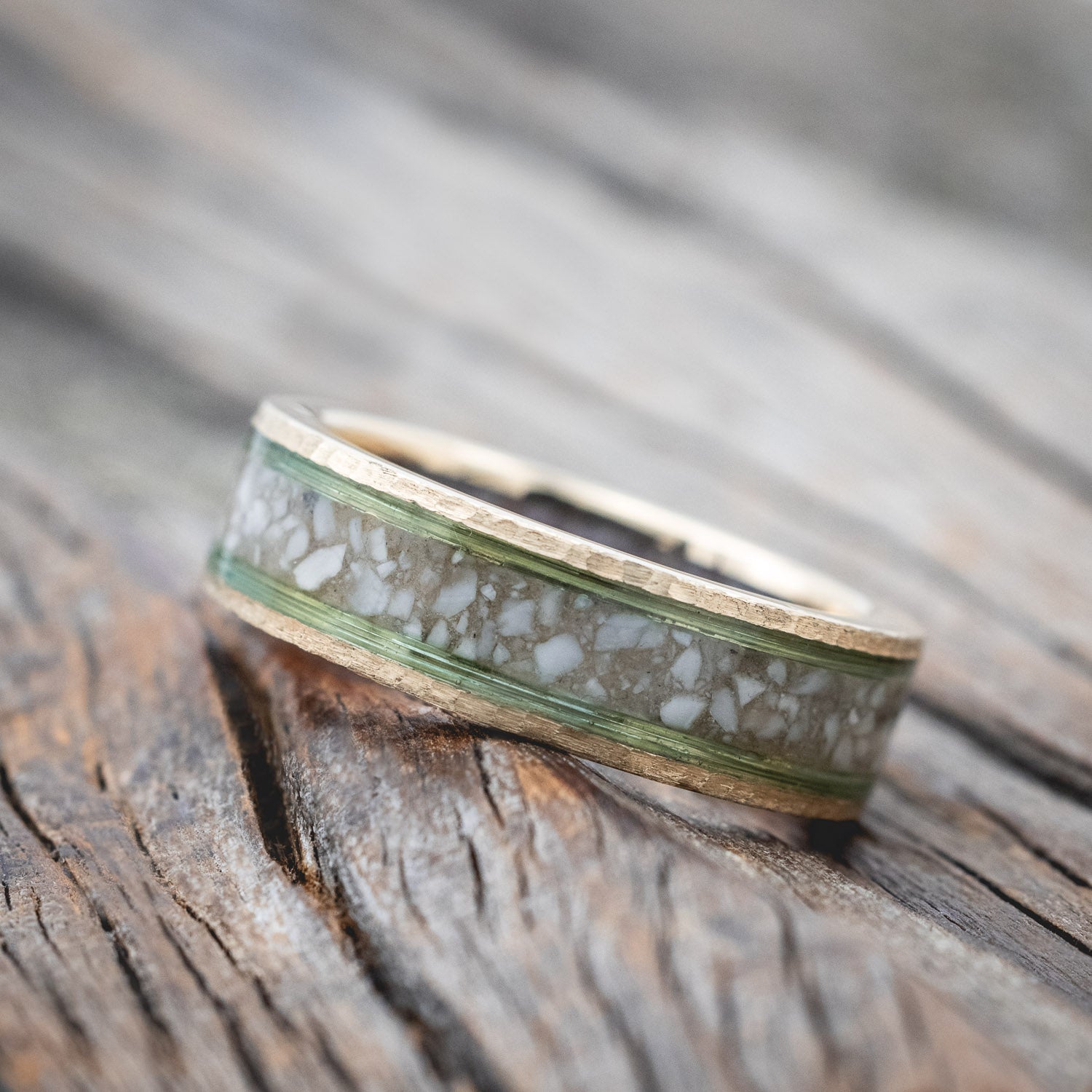 "RAINIER" - ELK IVORY & FISHING LINE WEDDING BAND WITH AN ANTLER LINING & A HAMMERED FINISH-Staghead Designs