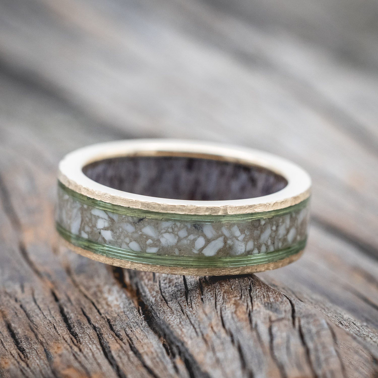 "RAINIER" - ELK IVORY & FISHING LINE WEDDING BAND WITH AN ANTLER LINING & A HAMMERED FINISH-Staghead Designs