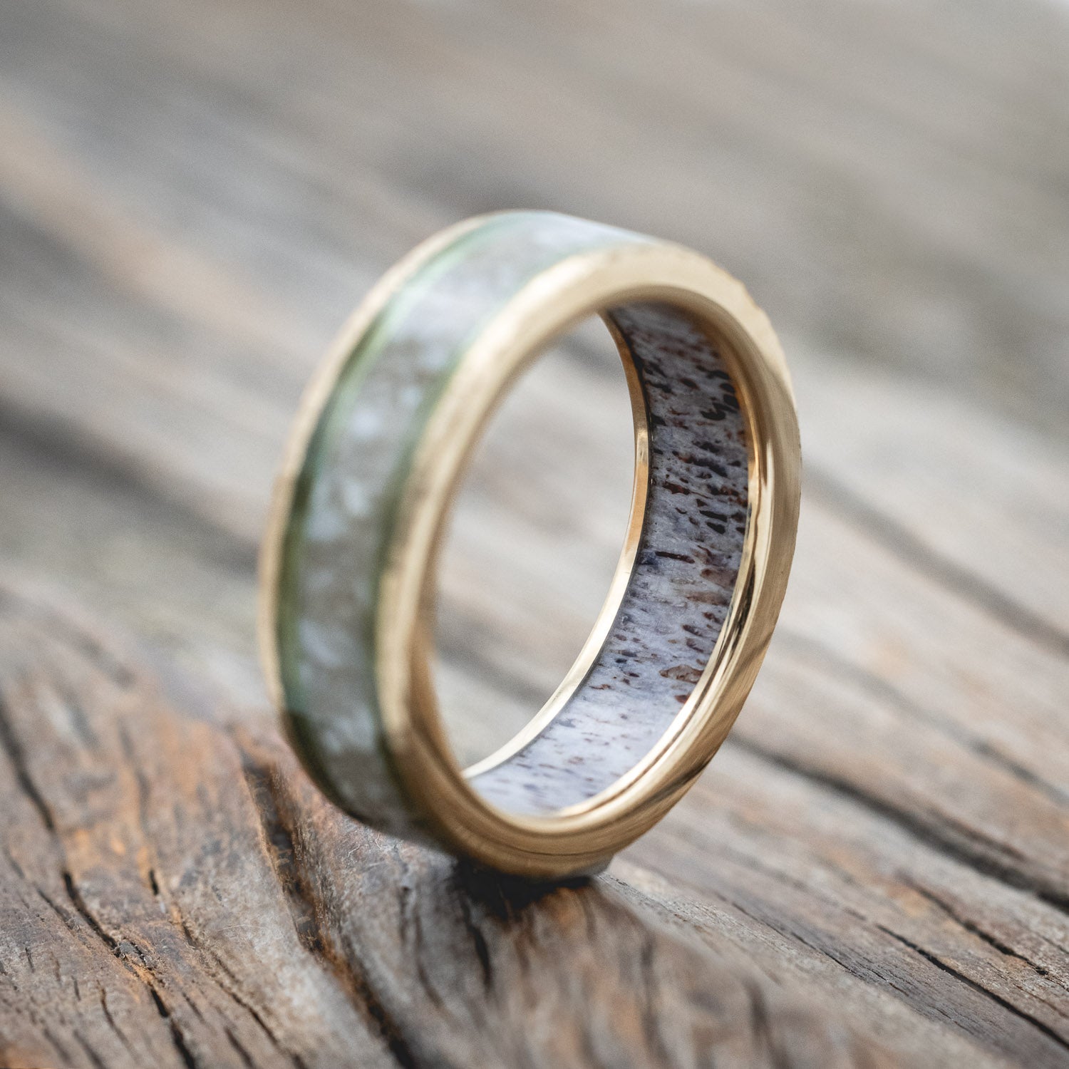 "RAINIER" - ELK IVORY & FISHING LINE WEDDING BAND WITH AN ANTLER LINING & A HAMMERED FINISH-Staghead Designs