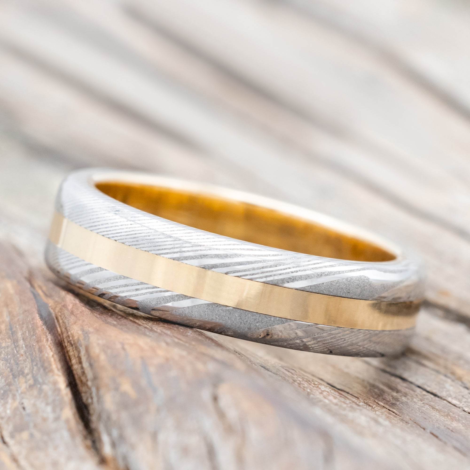 "Nirvana" - Etched Damascus Steel & 14K Gold Inlay Wedding Band - 14K Yellow Gold (6mm) - Size 10 1/2-Staghead Designs