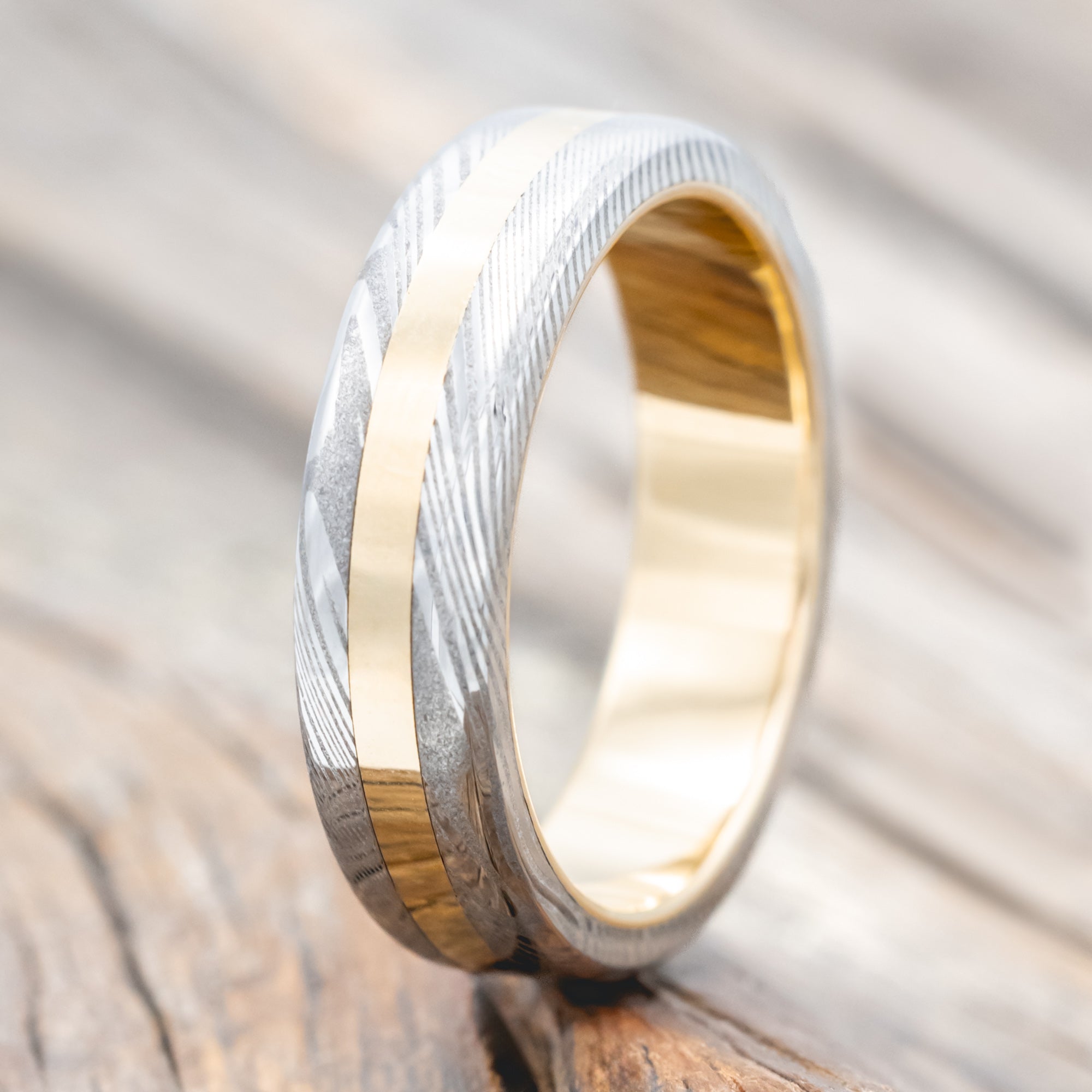 "Nirvana" - Etched Damascus Steel & 14K Gold Inlay Wedding Band - 14K Yellow Gold (6mm) - Size 10 1/2-Staghead Designs
