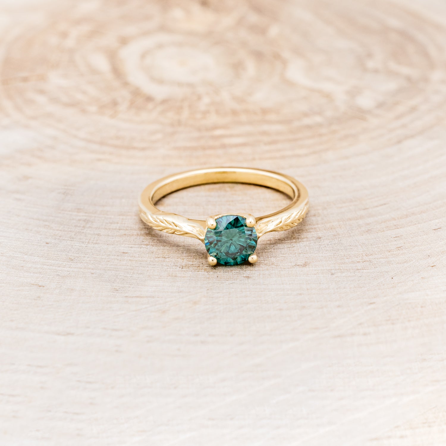 "HOPE" - ROUND CUT MEDEINA GREEN MOISSANITE SOLITAIRE ENGAGEMENT RING WITH FEATHER ACCENTS-10