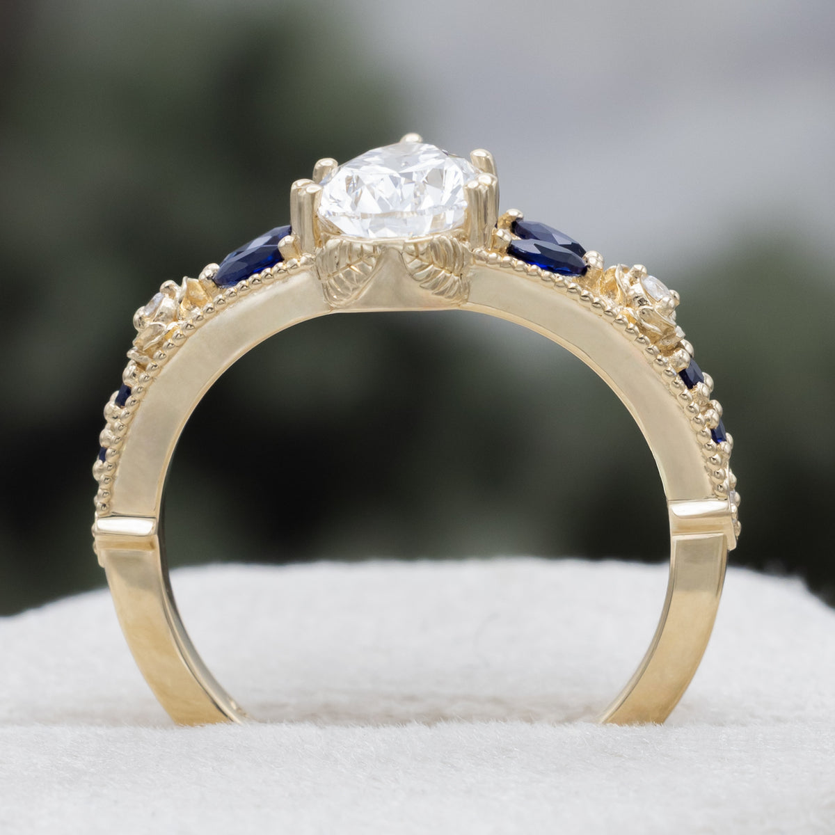 "Iris" - Lab-Grown Pear Cut Diamond Engagement Ring With Diamond & Lab-Grown Blue Sapphire Accents-Staghead Designs
