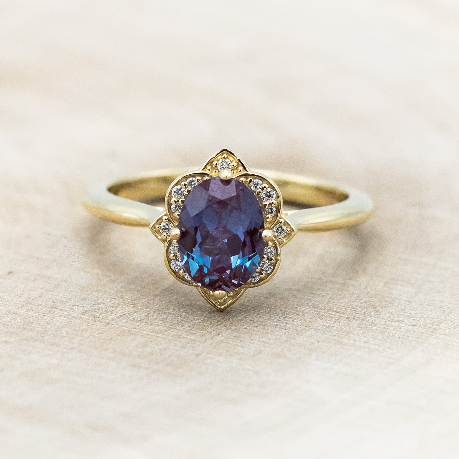 "JANE" - OVAL LAB-GROWN ALEXANDRITE ENGAGEMENT RING WITH DIAMONDS ACCENTS-Staghead Designs