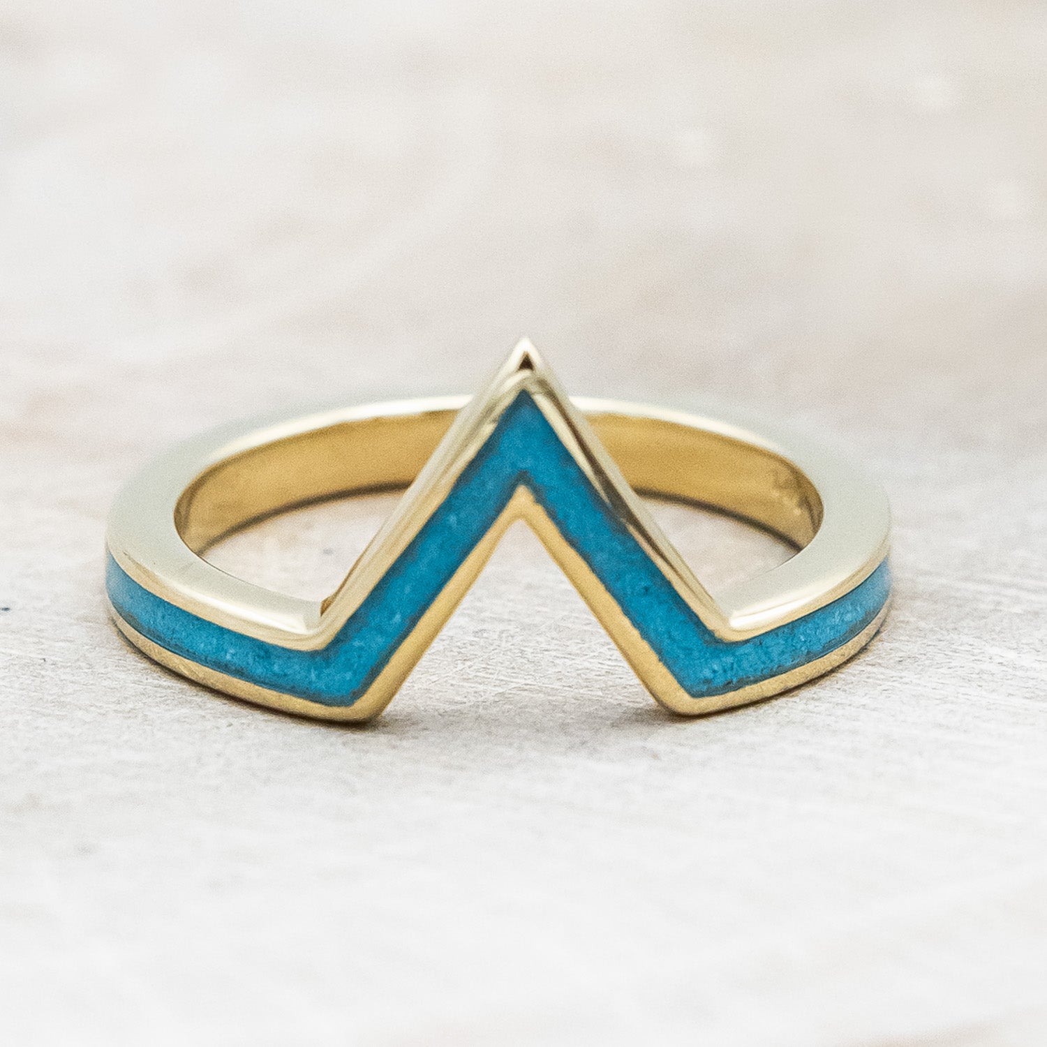 "JENNY" - TRIANGLE CABOCHON CUT MOONSTONE ENGAGEMENT RING WITH TURQUOISE V-SHAPED TRACER-Staghead Designs
