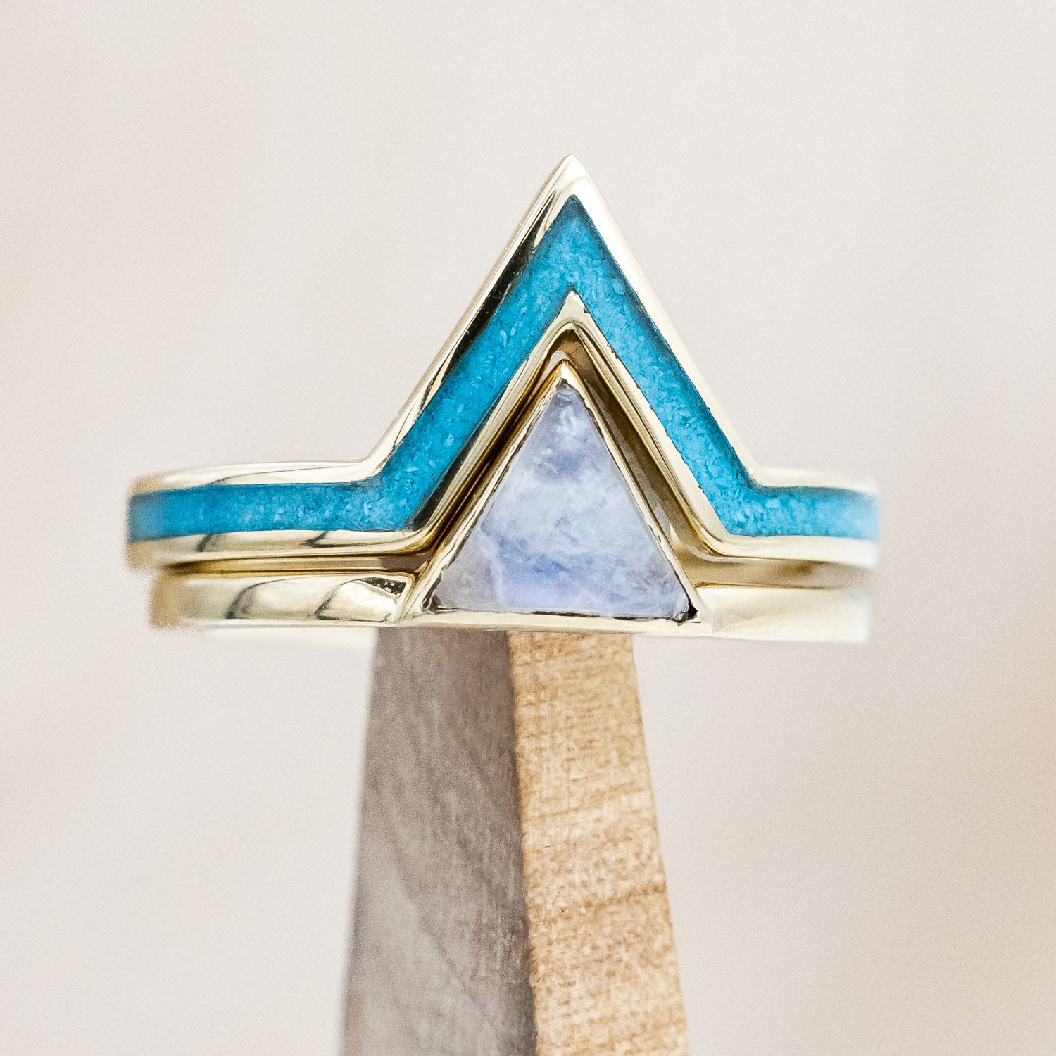 "JENNY" - TRIANGLE CABOCHON CUT MOONSTONE ENGAGEMENT RING WITH TURQUOISE V-SHAPED TRACER-Staghead Designs