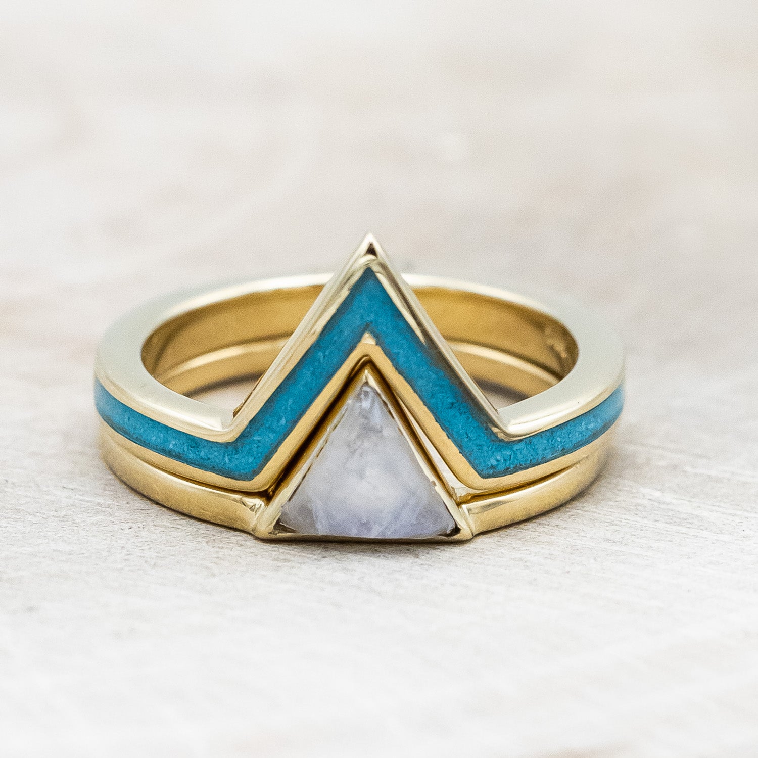 "JENNY" - TRIANGLE CABOCHON CUT MOONSTONE ENGAGEMENT RING WITH TURQUOISE V-SHAPED TRACER-Staghead Designs