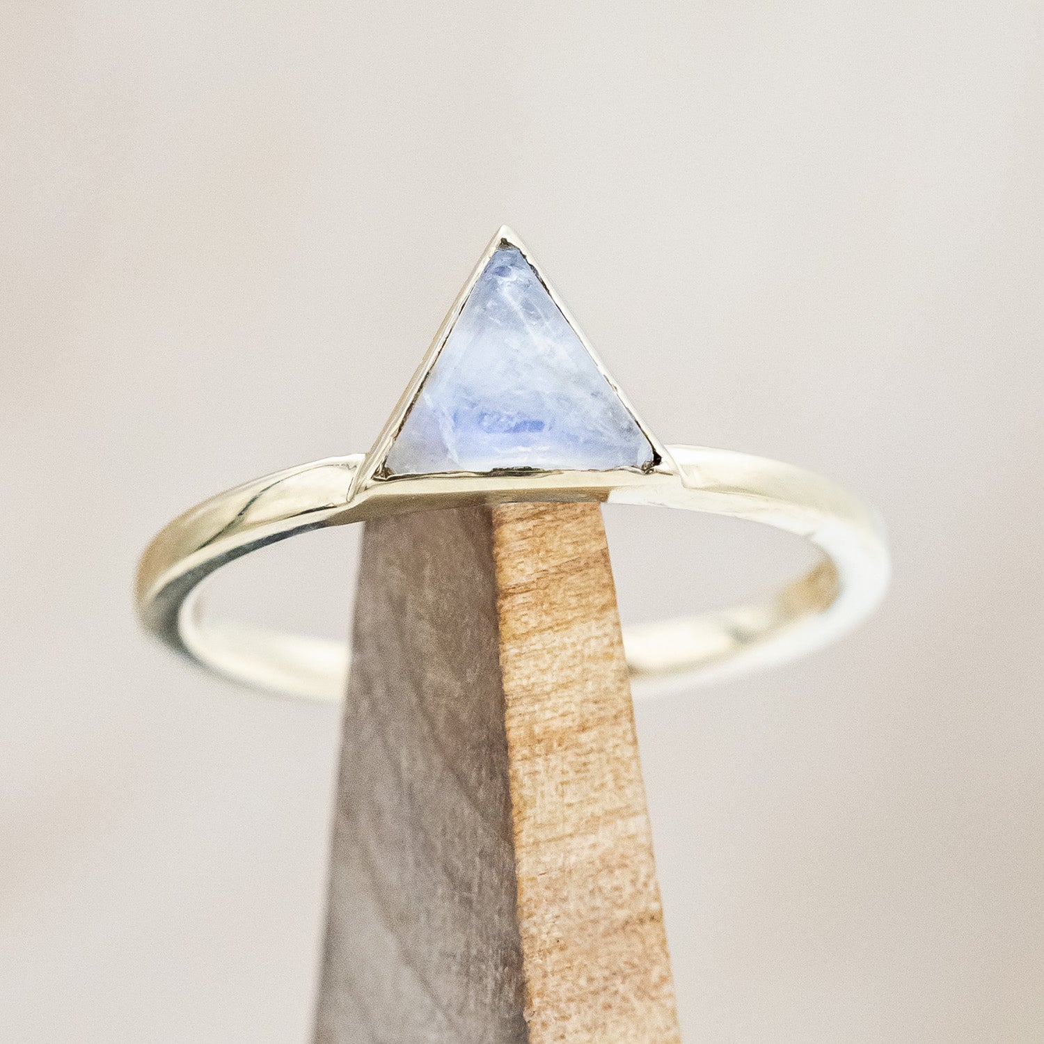 "JENNY" - TRIANGLE CABOCHON CUT MOONSTONE ENGAGEMENT RING WITH TURQUOISE V-SHAPED TRACER-Staghead Designs