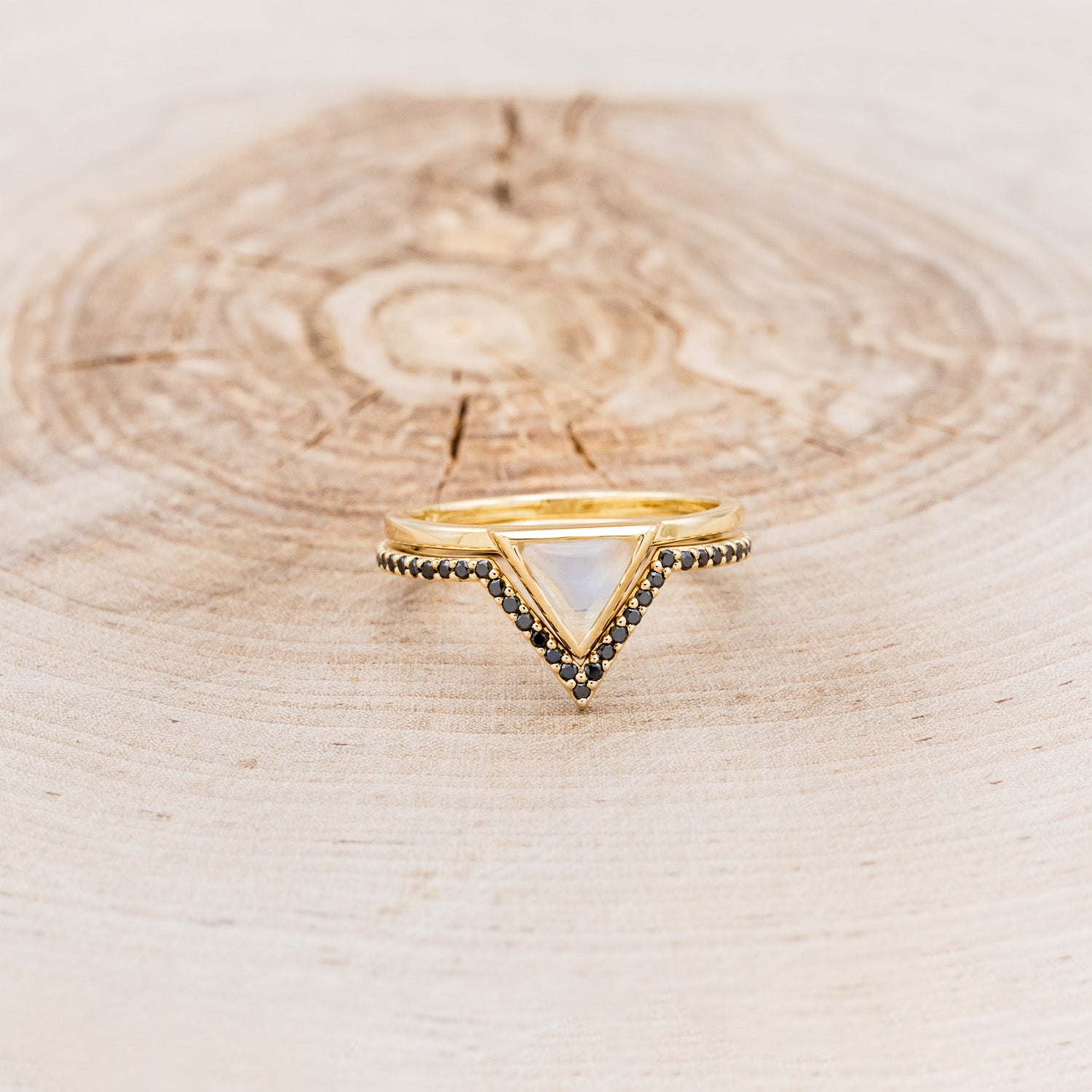 "JENNY FROM THE BLOCK" - TRIANGLE MOONSTONE ENGAGEMENT RING WITH BLACK DIAMOND V-SHAPED TRACER-4