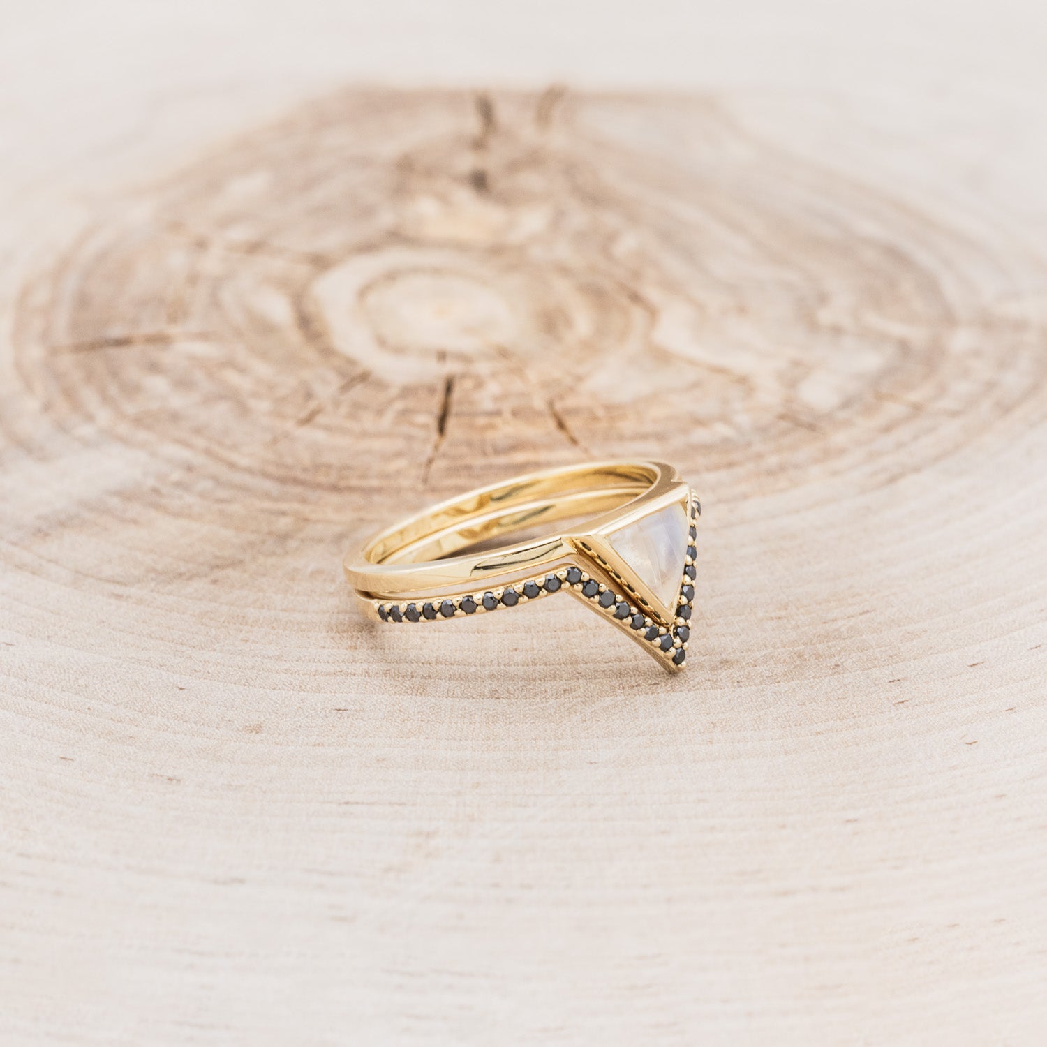 "JENNY FROM THE BLOCK" - TRIANGLE MOONSTONE ENGAGEMENT RING WITH BLACK DIAMOND V-SHAPED TRACER-2