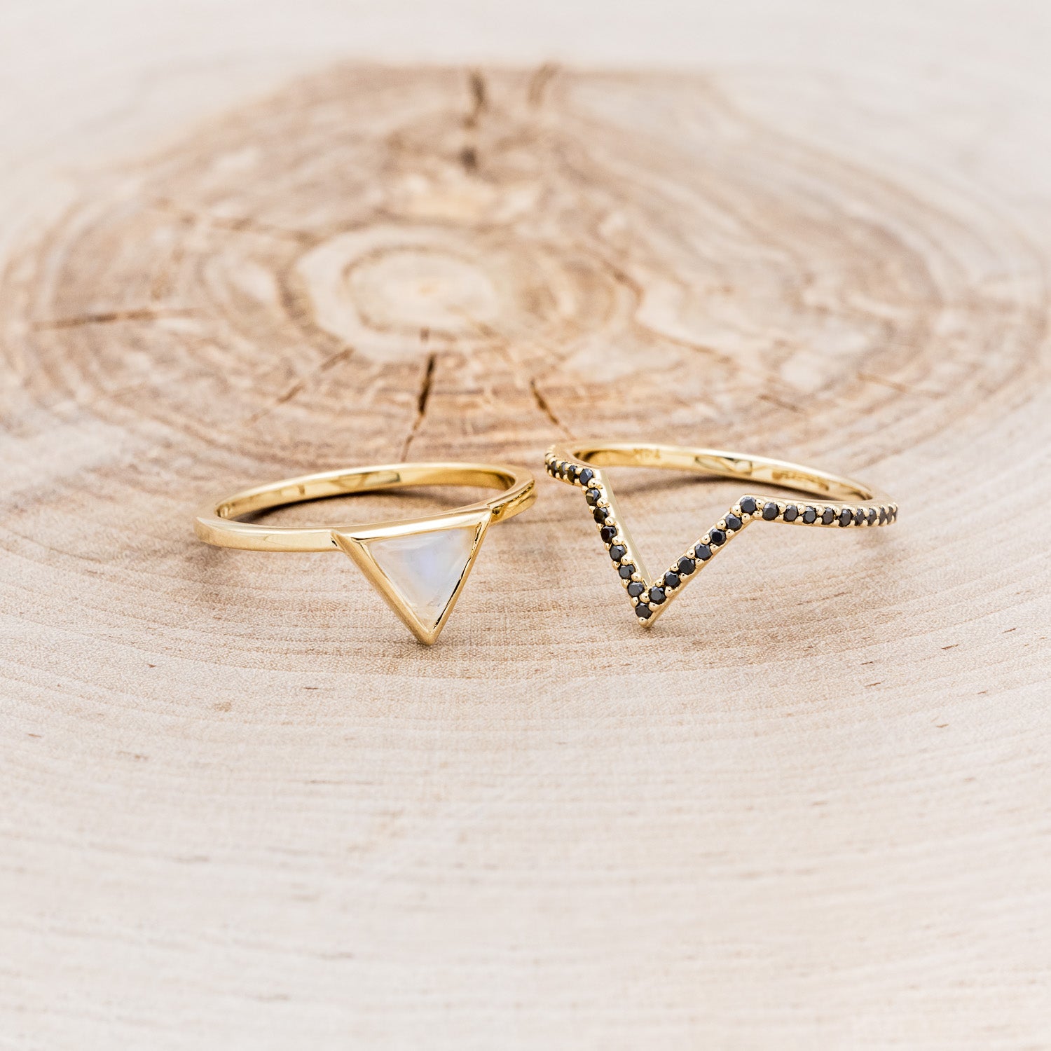 "JENNY FROM THE BLOCK" - TRIANGLE MOONSTONE ENGAGEMENT RING WITH BLACK DIAMOND V-SHAPED TRACER-6