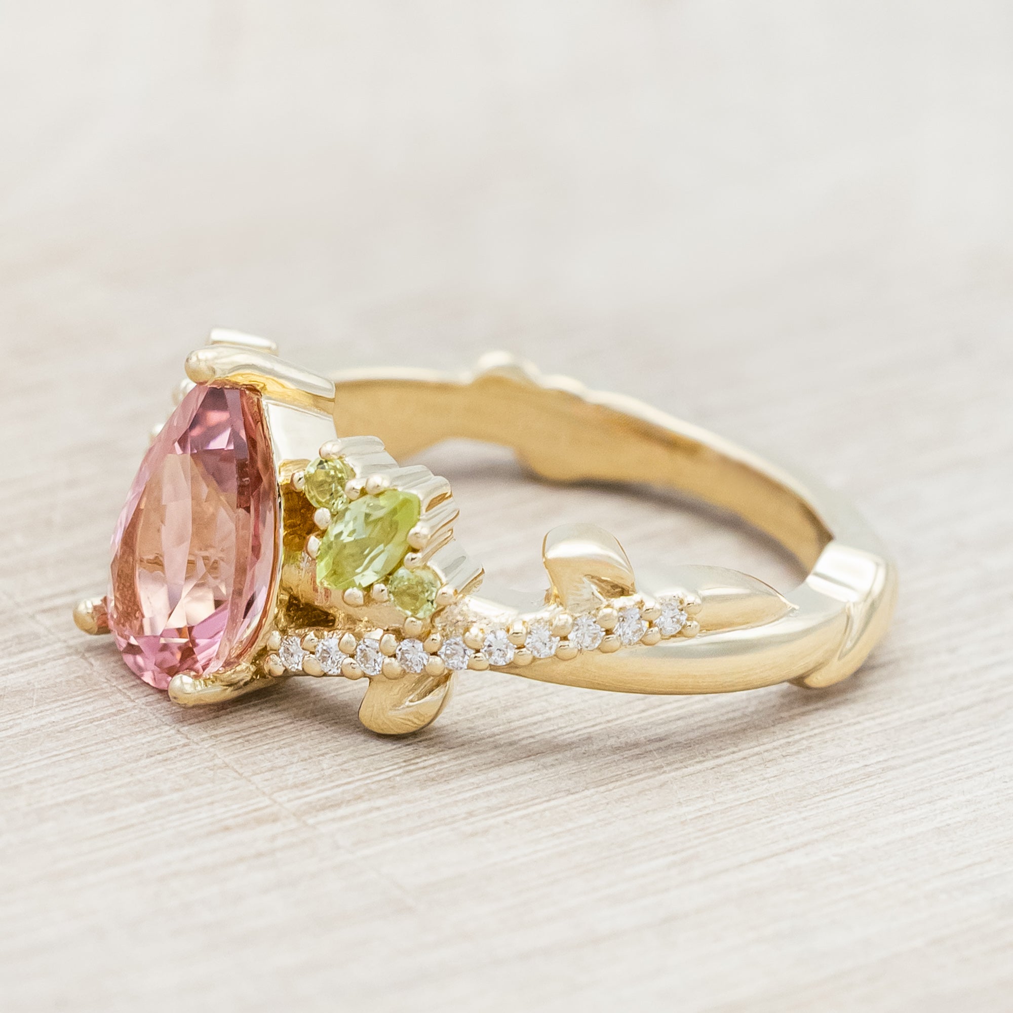 "KAMILA" - PEAR CUT PINK TOURMALINE ENGAGEMENT RING WITH PERIDOT & DIAMOND ACCENTS-Staghead Designs
