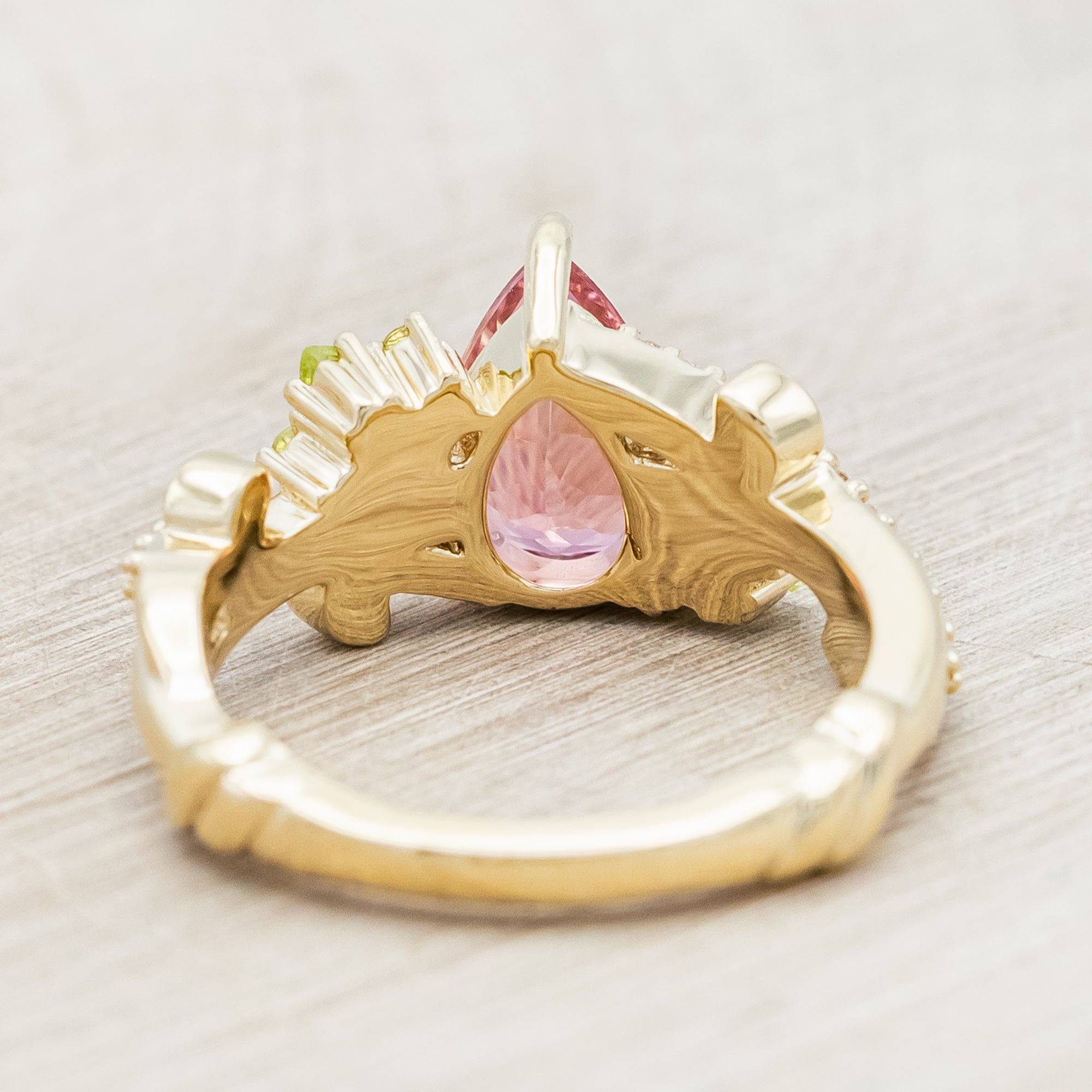 "KAMILA" - PEAR CUT PINK TOURMALINE ENGAGEMENT RING WITH PERIDOT & DIAMOND ACCENTS-Staghead Designs