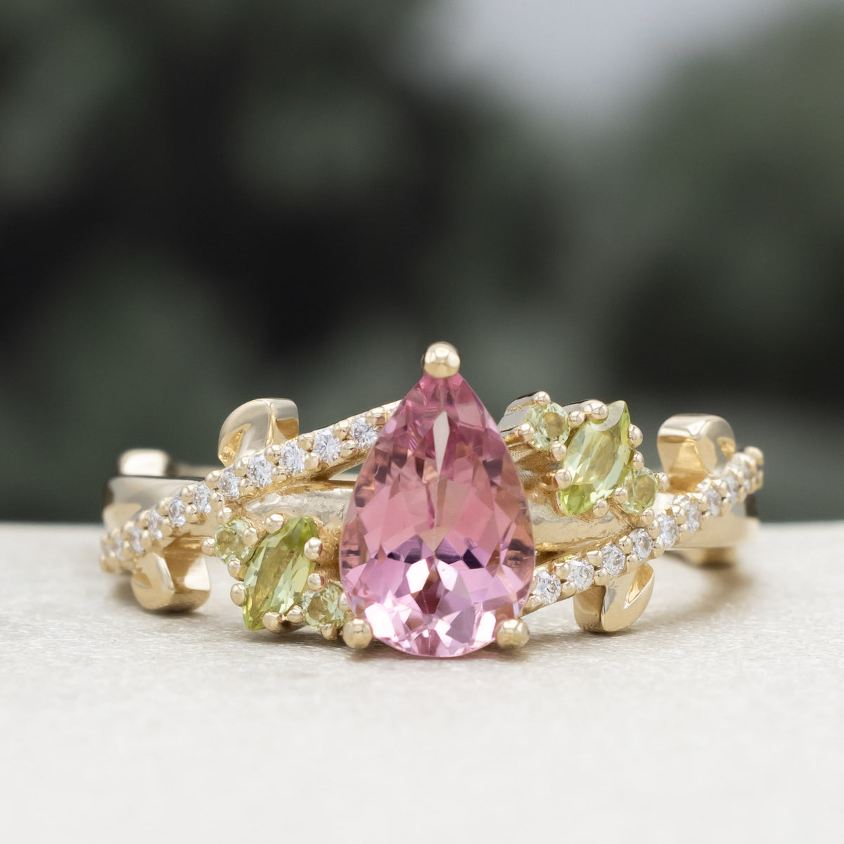 "Kamila" - Pear Cut Pink Tourmaline Engagement Ring With Peridot & Diamond Accents-Staghead Designs