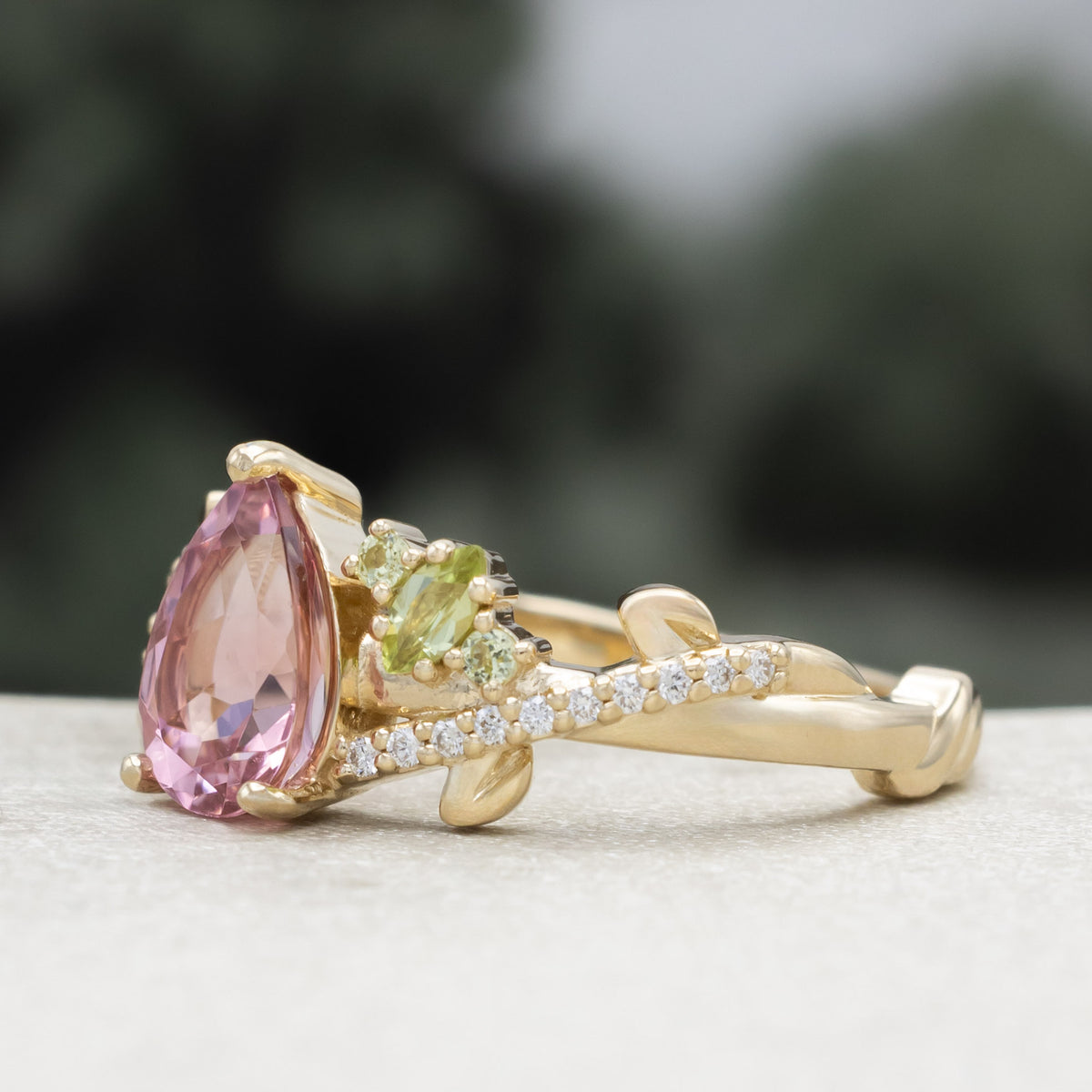 "Kamila" - Pear Cut Pink Tourmaline Engagement Ring With Peridot & Diamond Accents-Staghead Designs