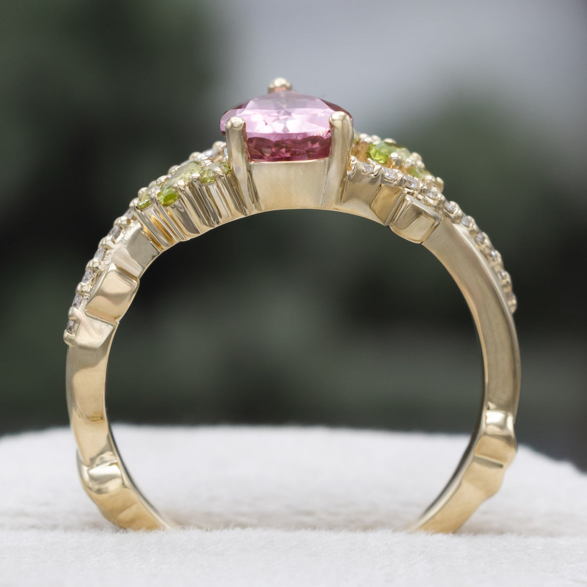 "Kamila" - Pear Cut Pink Tourmaline Engagement Ring With Peridot & Diamond Accents-Staghead Designs