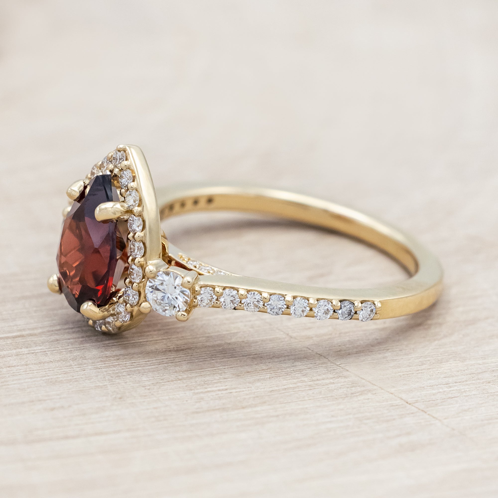 "KB" - PEAR CUT MOZAMBIQUE GARNET ENGAGEMENT RING WITH "FALA" TRACER-Staghead Designs