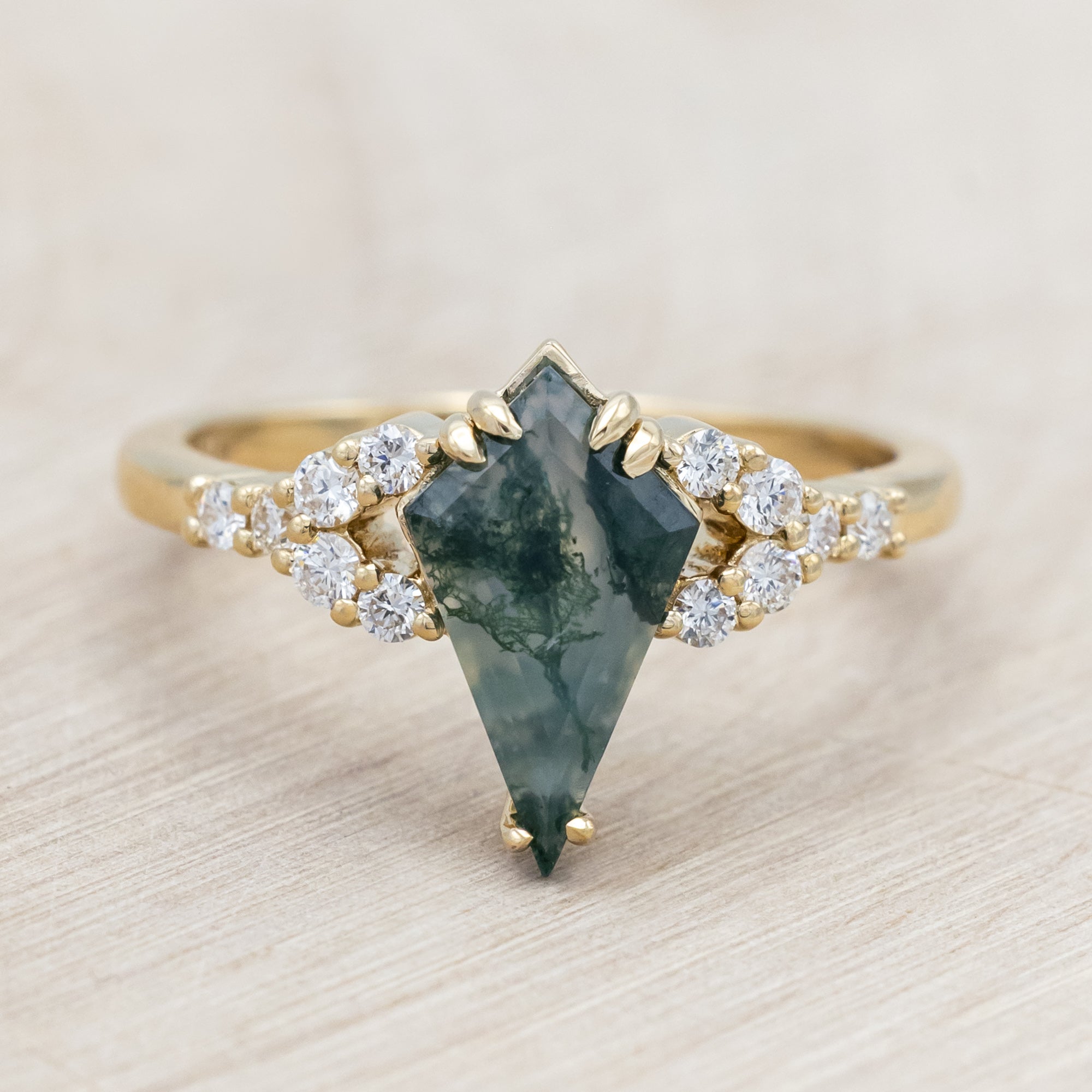 "LANIE" - KITE CUT MOSS AGATE ENGAGEMENT RING WITH DIAMOND ACCENTS AND DOUBLE CLAW PRONGS-Staghead Designs