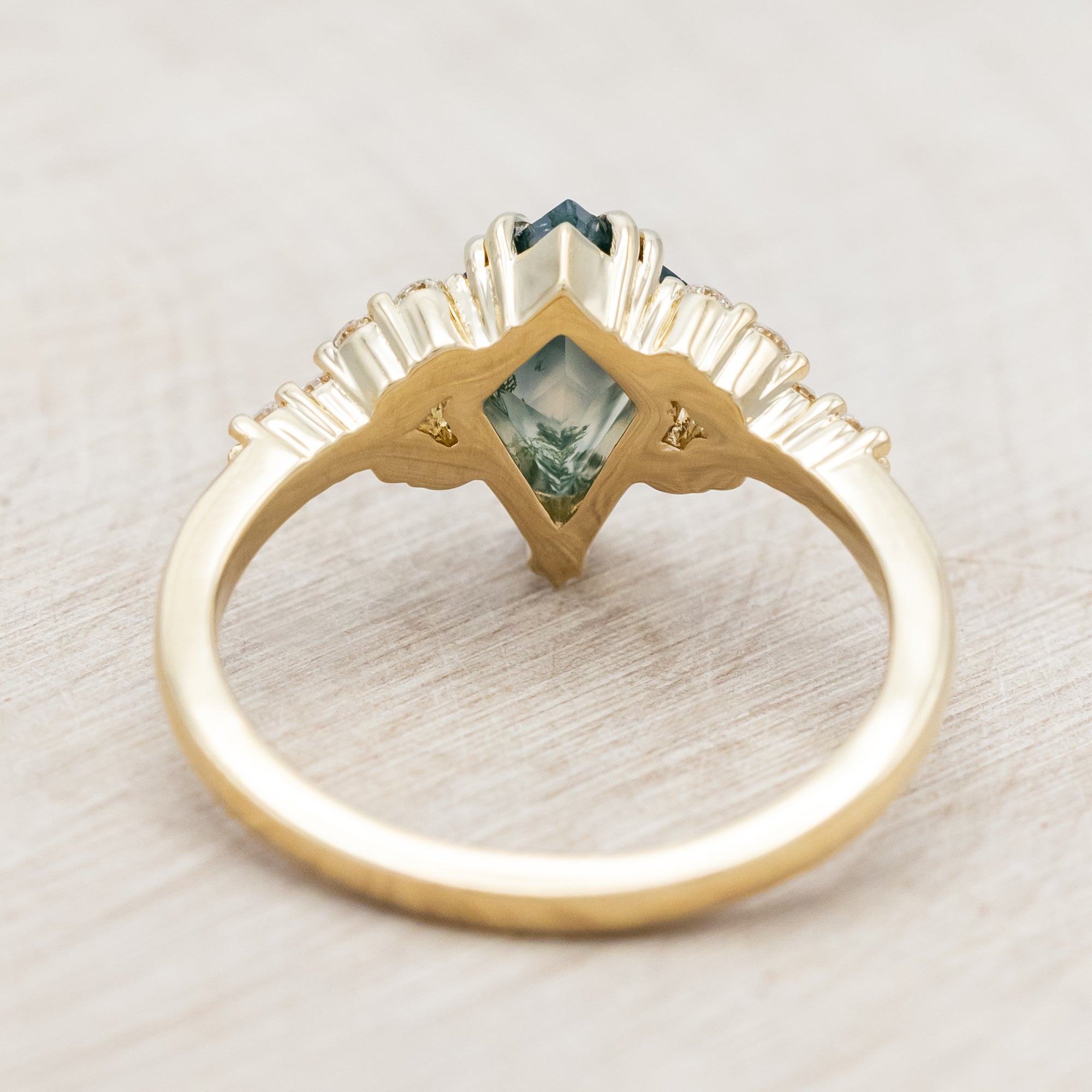 "LANIE" - KITE CUT MOSS AGATE ENGAGEMENT RING WITH DIAMOND ACCENTS AND DOUBLE CLAW PRONGS-Staghead Designs