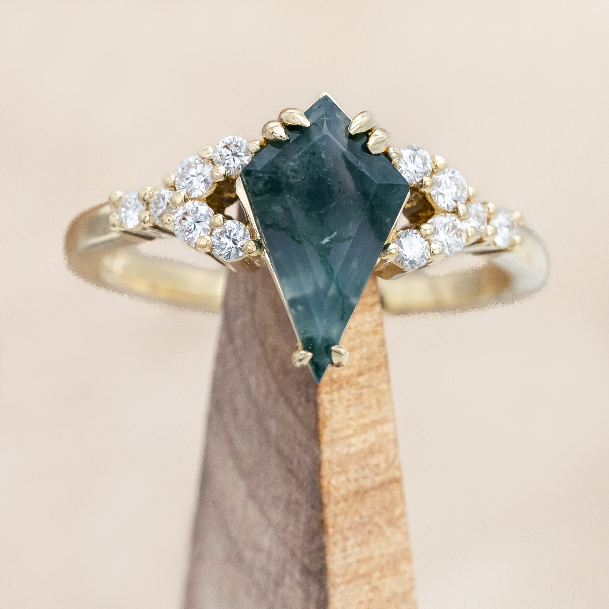 "LANIE" - KITE CUT MOSS AGATE ENGAGEMENT RING WITH DIAMOND ACCENTS AND DOUBLE CLAW PRONGS-Staghead Designs
