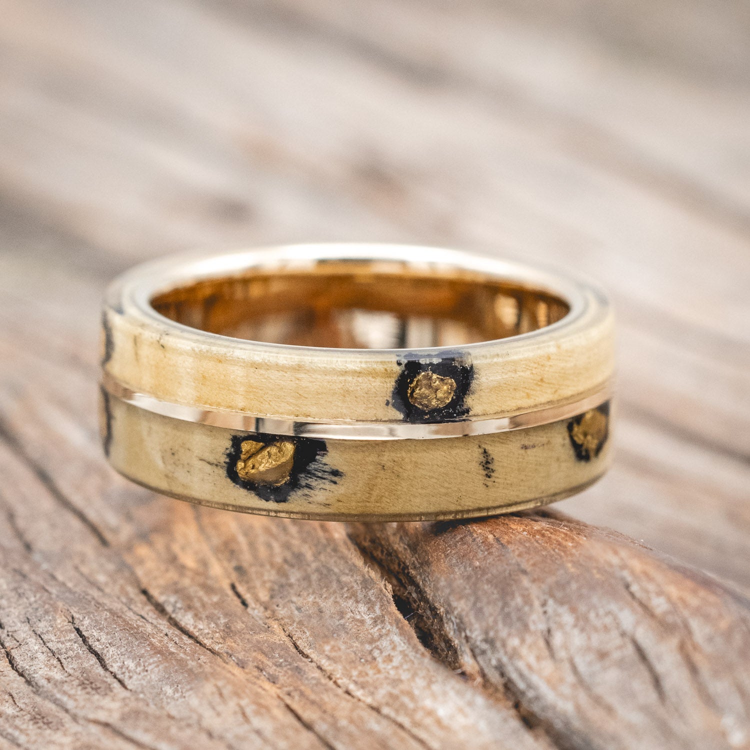 "GOLDEN" - BUCKEYE BURL WOOD & ALASKAN PANNED GOLD NUGGETS WEDDING RING-Staghead Designs