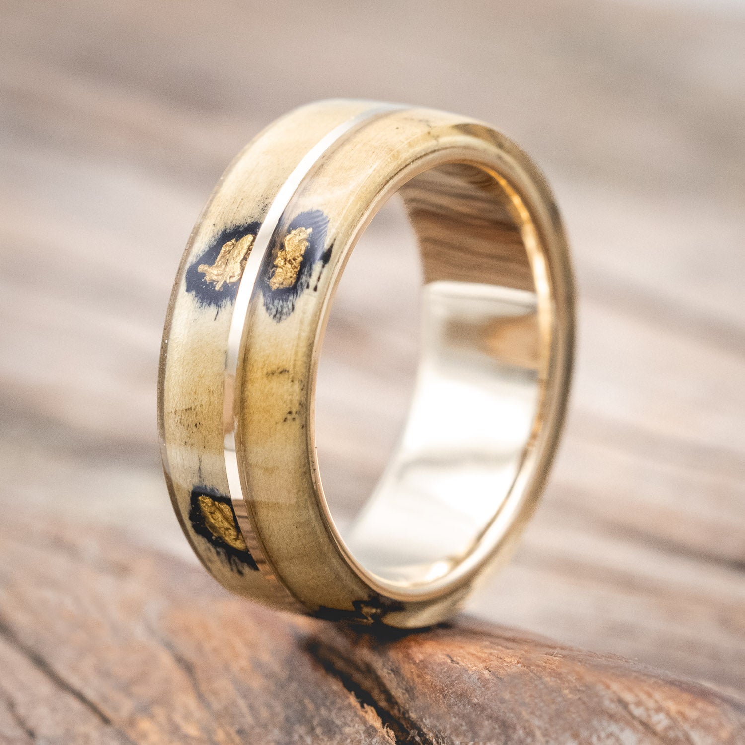 "GOLDEN" - BUCKEYE BURL WOOD & ALASKAN PANNED GOLD NUGGETS WEDDING RING-Staghead Designs
