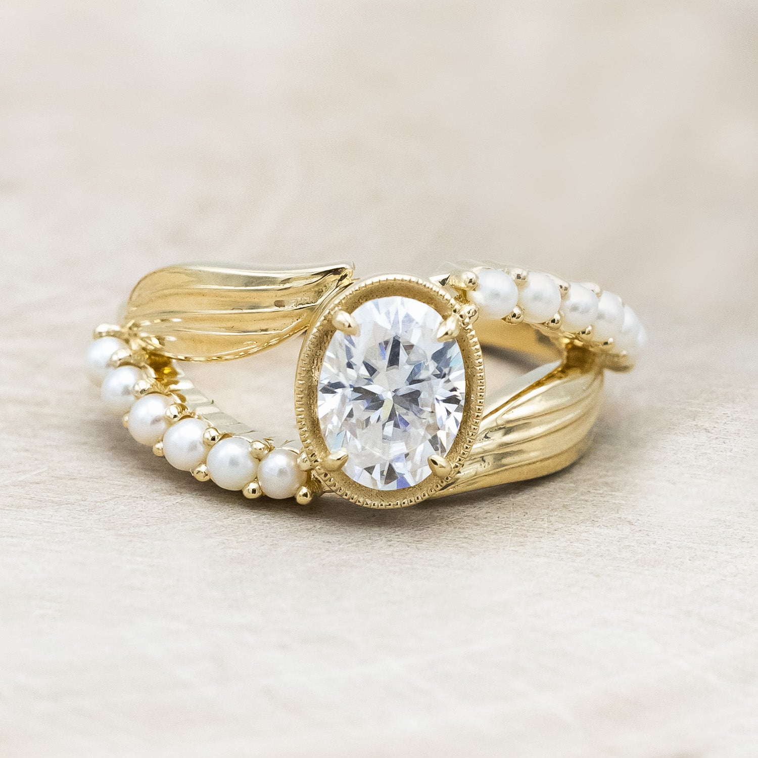 "Lily" an oval cut moissanite women's engagement ring with pearl accents