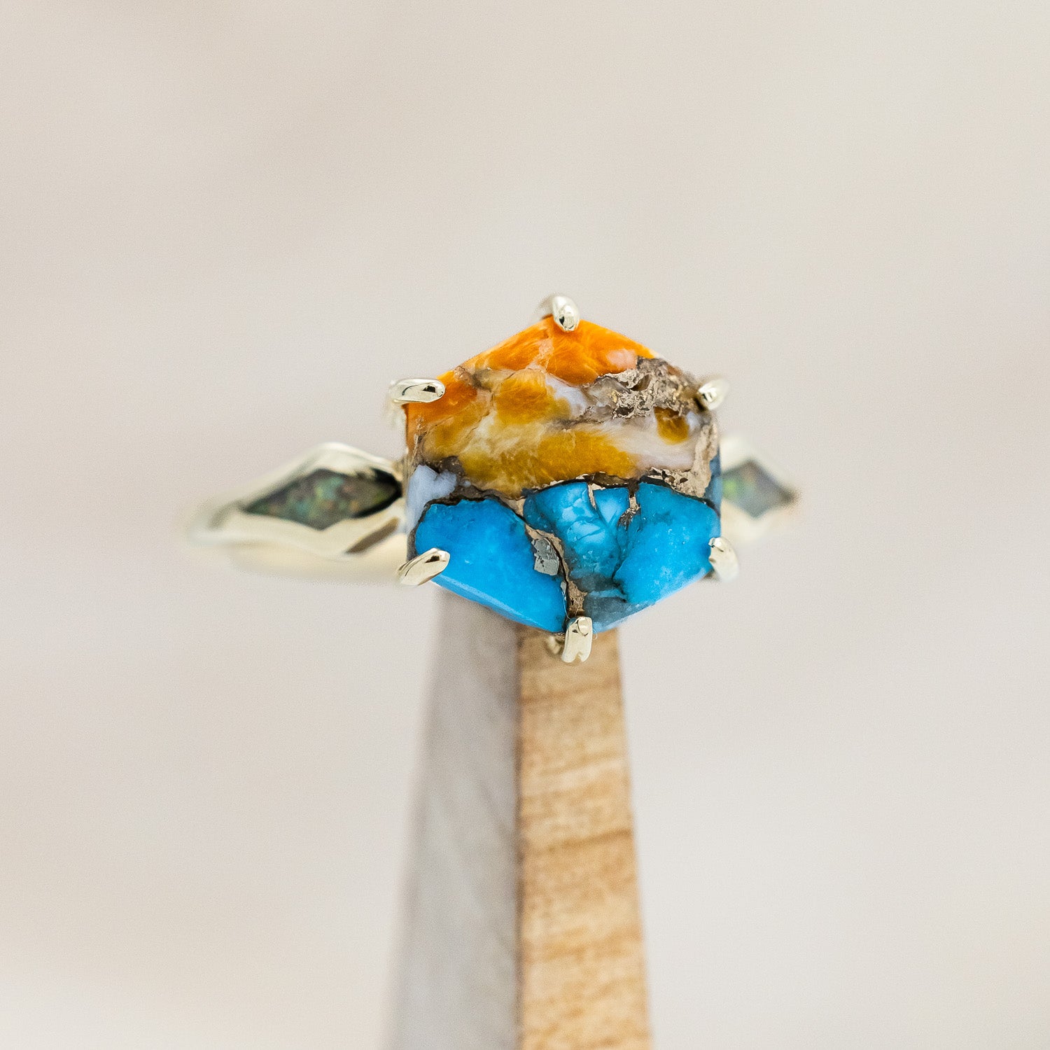 "LOVE STORY" - HEXAGON SPINY OYSTER TURQUOISE ENGAGEMENT RING WITH FIRE & ICE OPAL INLAYS-Staghead Designs