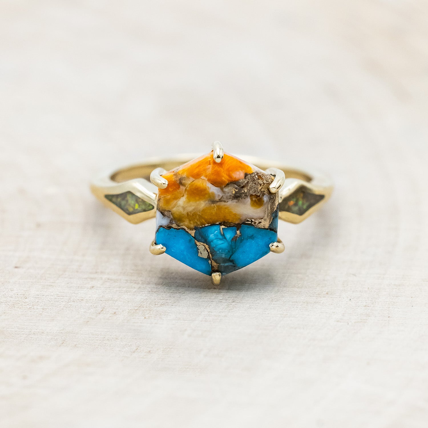 "LOVE STORY" - HEXAGON SPINY OYSTER TURQUOISE ENGAGEMENT RING WITH FIRE & ICE OPAL INLAYS-Staghead Designs