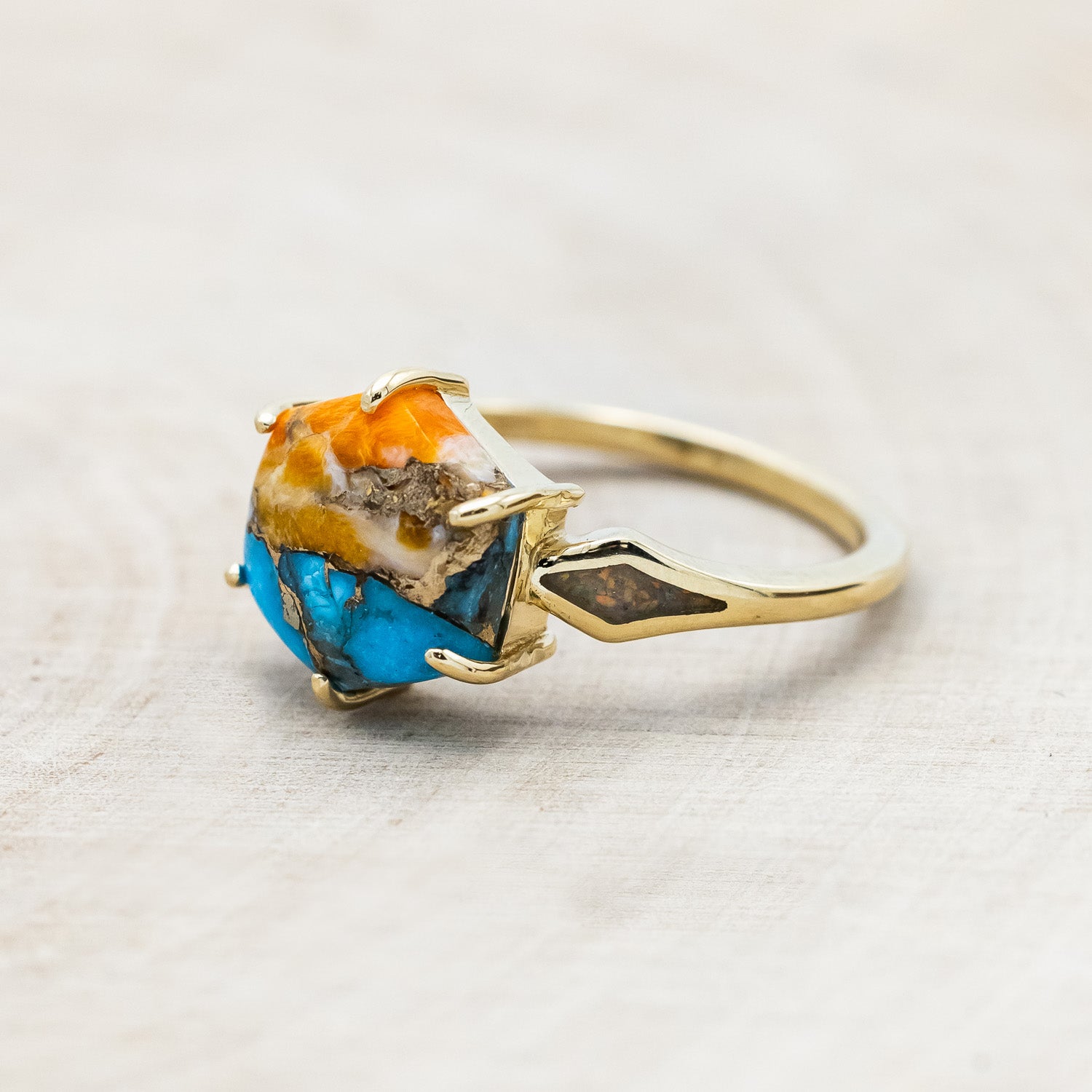 "LOVE STORY" - HEXAGON SPINY OYSTER TURQUOISE ENGAGEMENT RING WITH FIRE & ICE OPAL INLAYS-Staghead Designs