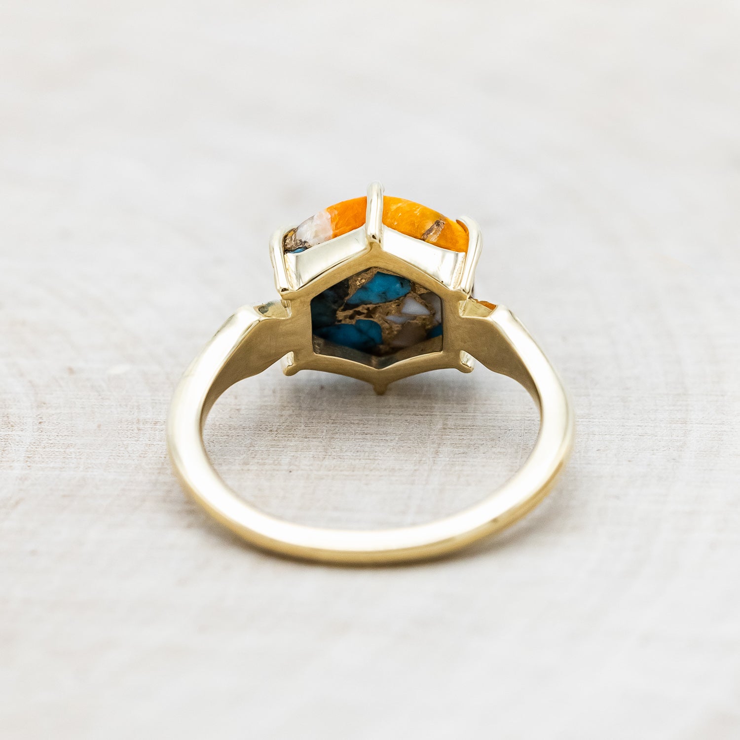 "LOVE STORY" - HEXAGON SPINY OYSTER TURQUOISE ENGAGEMENT RING WITH FIRE & ICE OPAL INLAYS-Staghead Designs