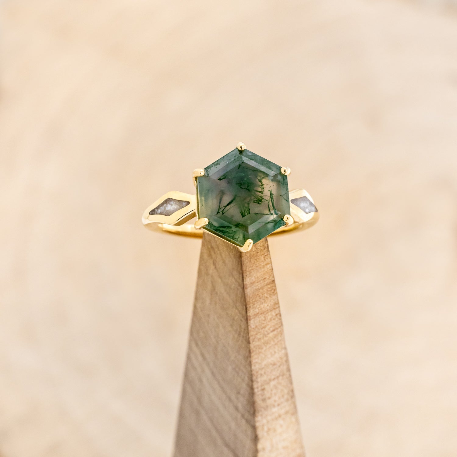 "LOVE STORY" - HEXAGON MOSS AGATE ENGAGEMENT RING WITH DIAMOND DUST INLAYS-15