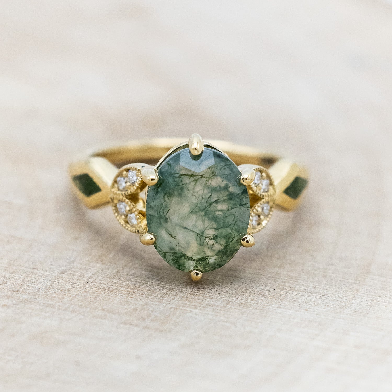 "LUCIA" - OVAL MOSS AGATE ENGAGEMENT RING WITH DIAMOND ACCENTS & MOSS INLAYS-Staghead Designs