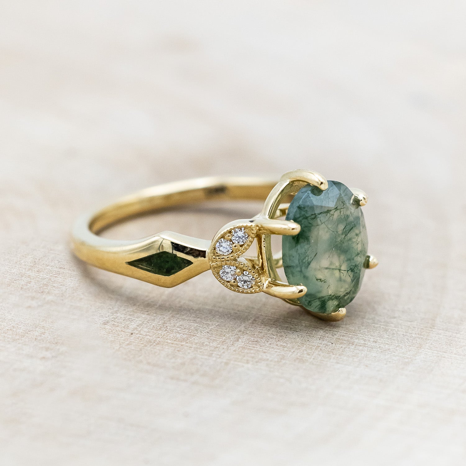 "LUCIA" - OVAL MOSS AGATE ENGAGEMENT RING WITH DIAMOND ACCENTS & MOSS INLAYS-Staghead Designs