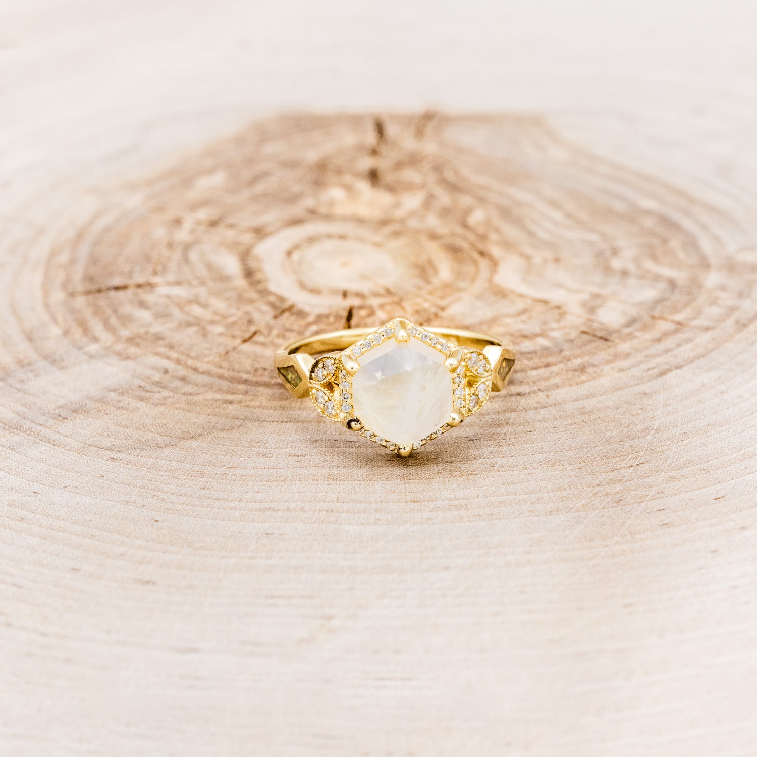 "LUCY IN THE SKY" - FACETED HEXAGON MOONSTONE ENGAGEMENT RING WITH DIAMOND HALO & FIRE AND ICE OPAL INLAYS-16